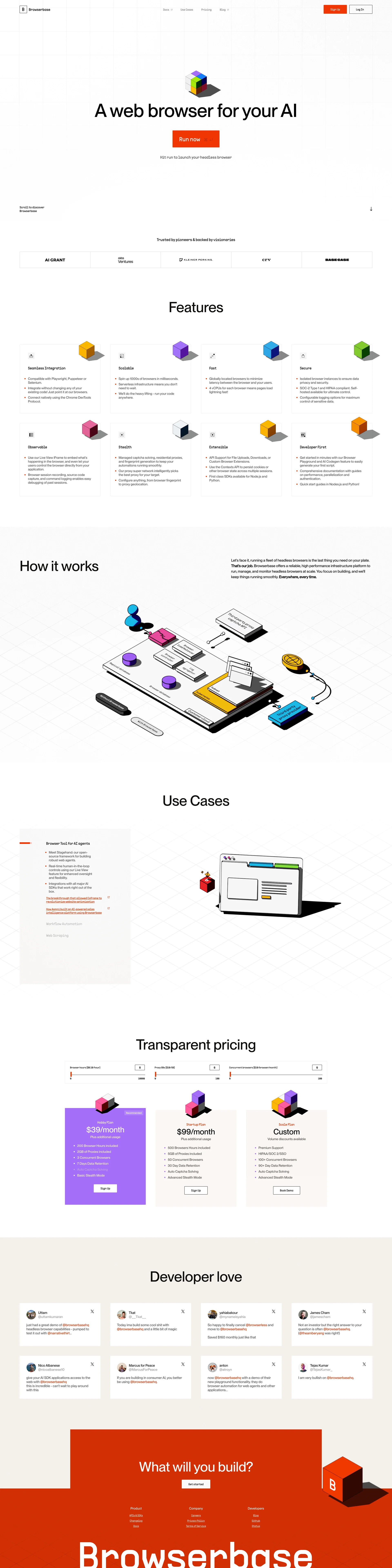 Browserbase Landing Page Example: A web browser for AI agents & applications. Open to developers everywhere. We can't wait to see what you build.