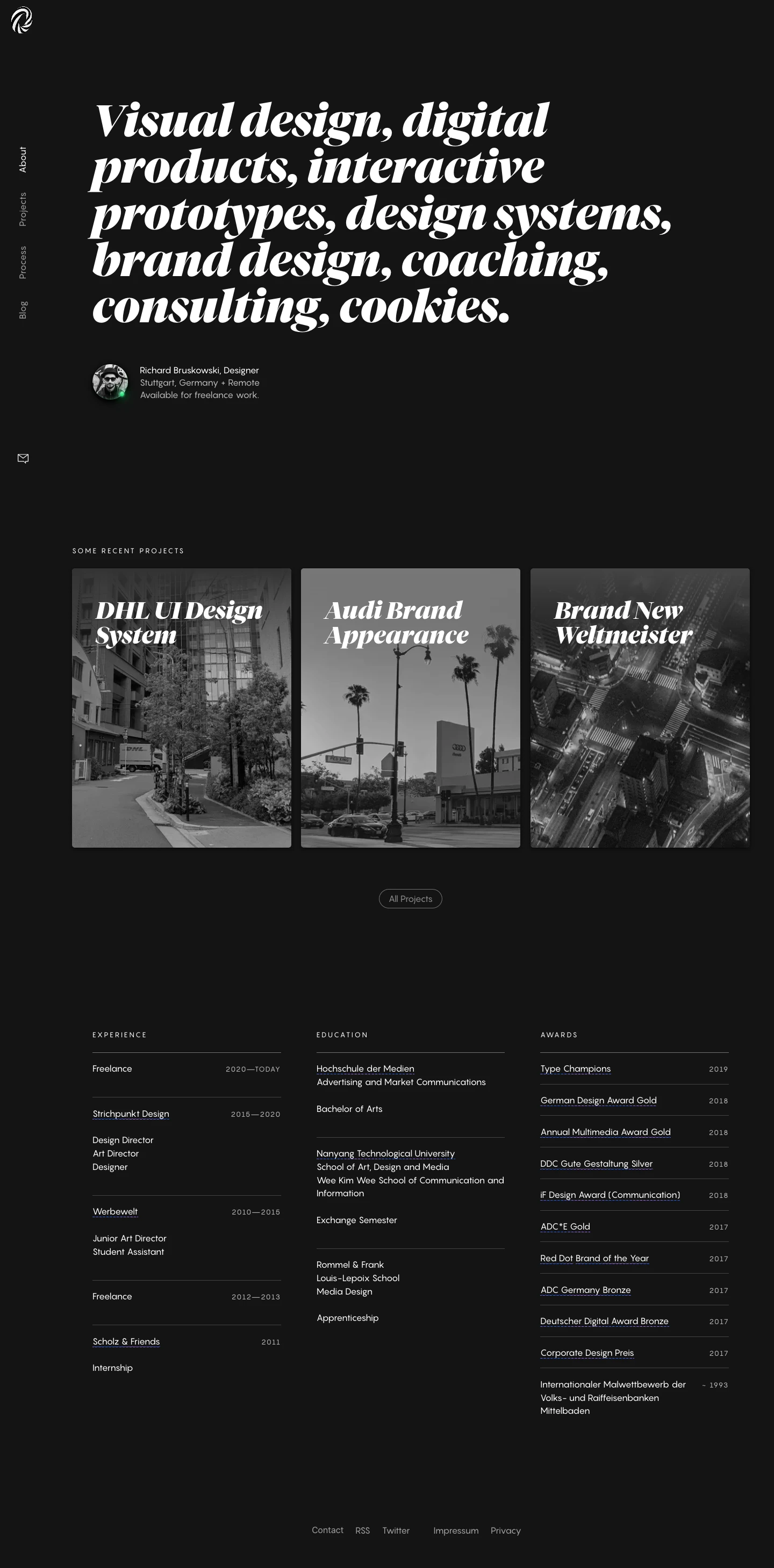 Richard Bruskowski Landing Page Example: Offering visual design, digital products, interactive prototypes, design systems, brand design, coaching, consulting, cookies.