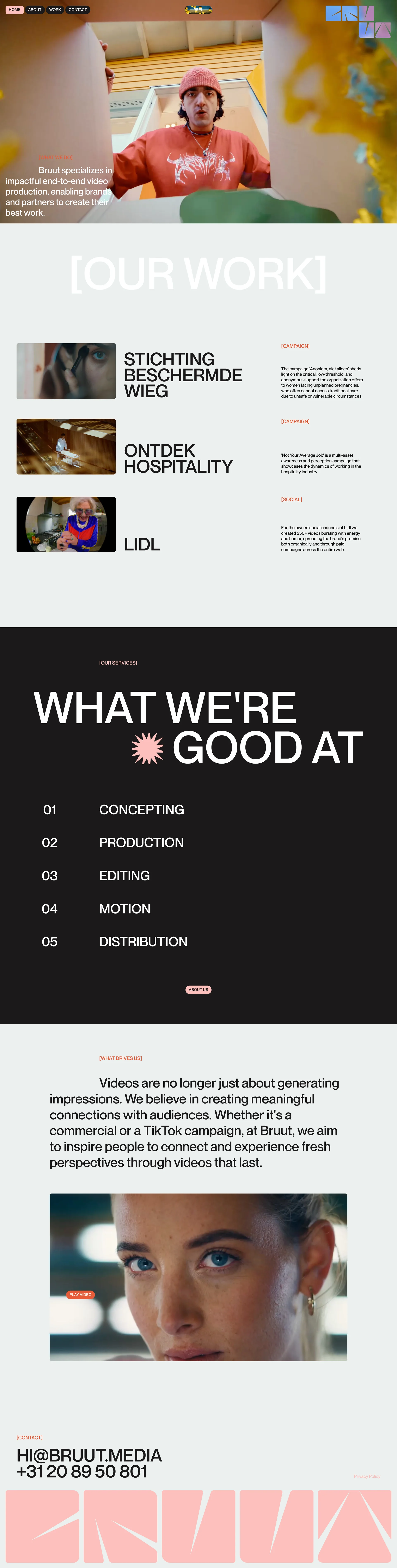 Bruut Landing Page Example: End-to-end video production and distribution, enabling brands to create their best work. We make video work for your business.