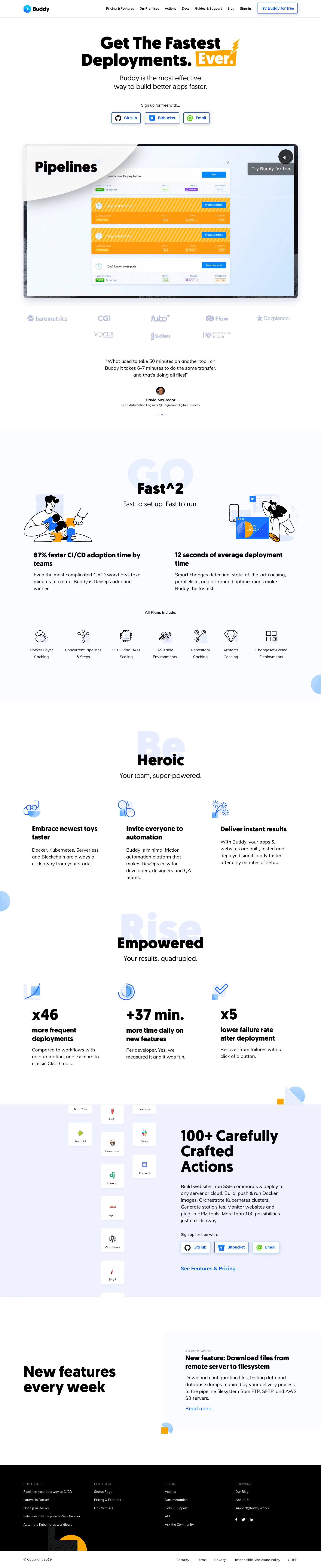 Buddy Landing Page Example: Get the most powerful and easy-to-configure continuous integration and delivery platform. Buddy is the most effective way to build better apps faster.