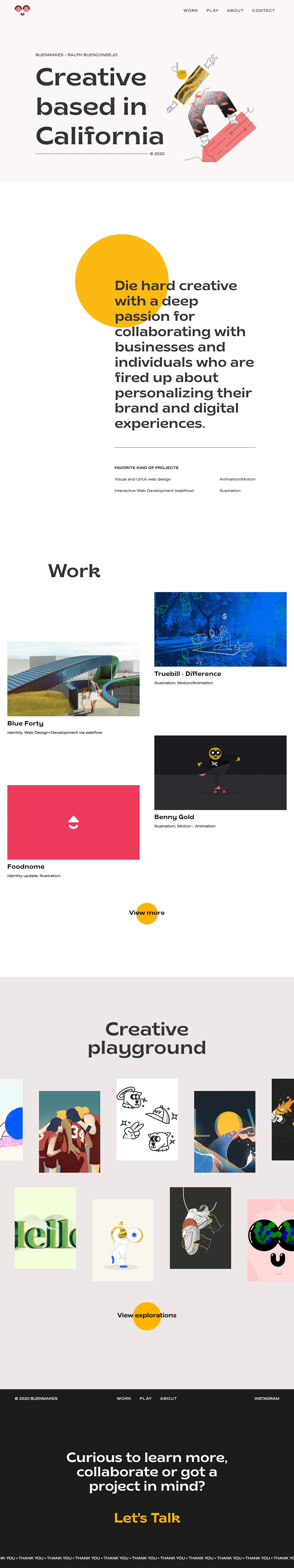 Ralph Buenconsejo Landing Page Example: Hello, Ralph Buenconsejo here. I’m an award winning creator focused on web design + development and illustration + animation.‍ I have an obsession for this craft with a deep passion for progress and believe I exist to solve challenges for companies I connect with. I'm a constant practitioner of this craft, doing it for both work and play–all day, everyday.