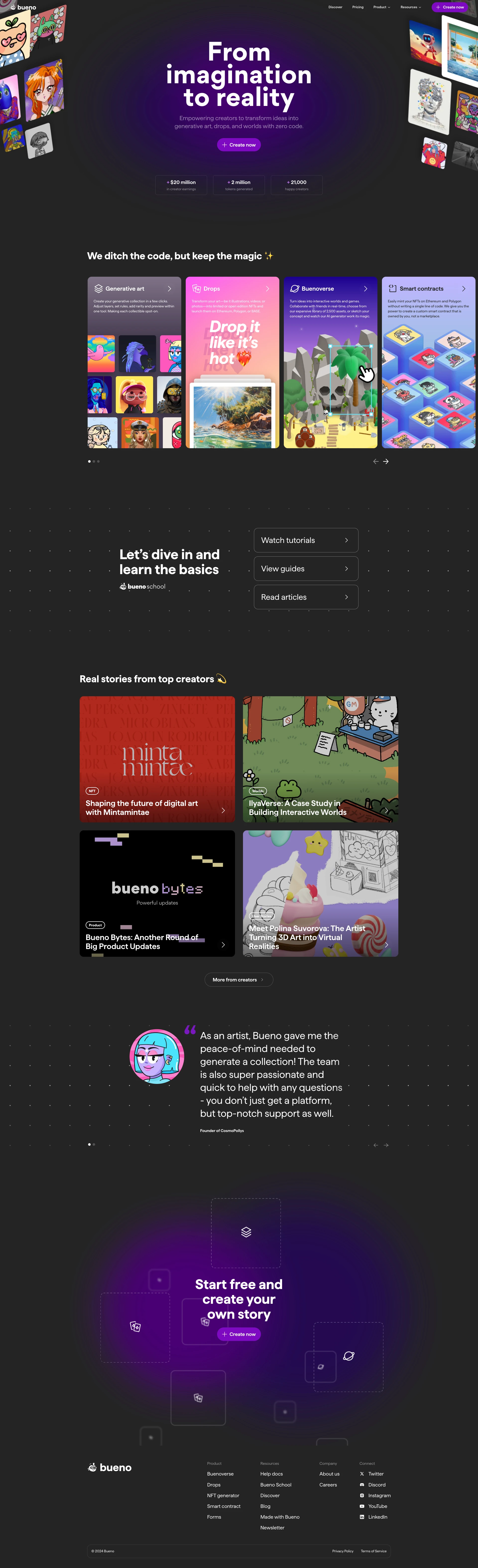 Bueno Landing Page Example: A set of no-code tools for NFT creators to generate NFT collections and deploy smart contracts quickly. Just upload your assets, play with rarity, set rules, preview a set, and develop your collection in seconds with multi-chain metadata included.