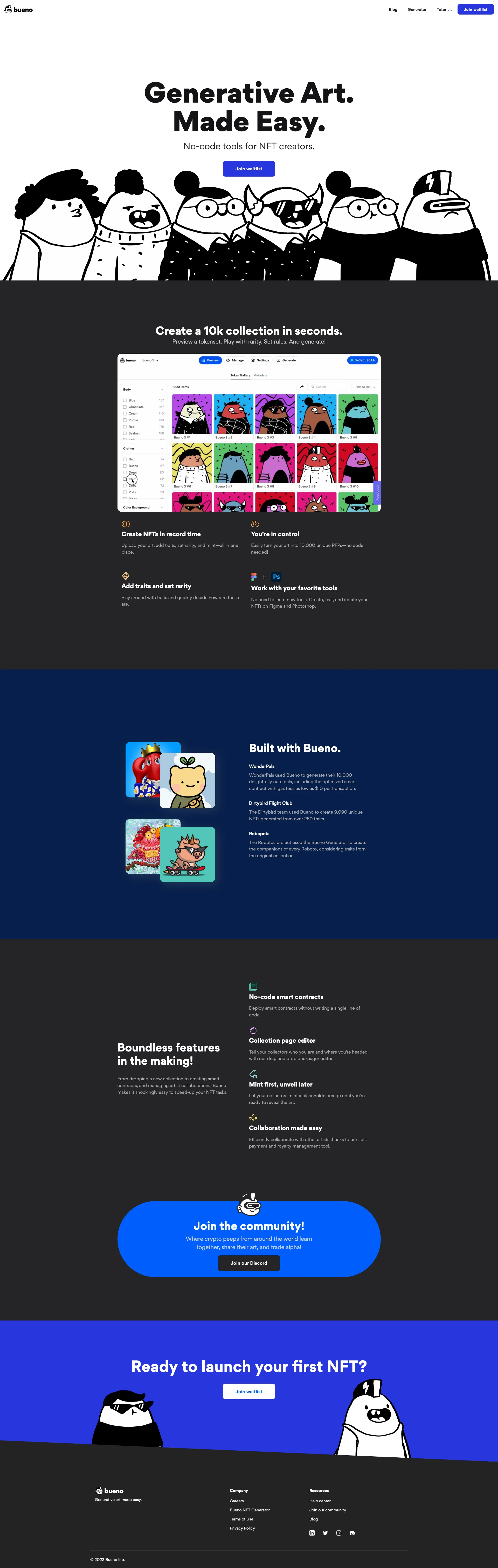 Bueno Landing Page Example: Generative Art. Community Drops. Artist Collaborations. Made easy. No-code tools for NFT creators.