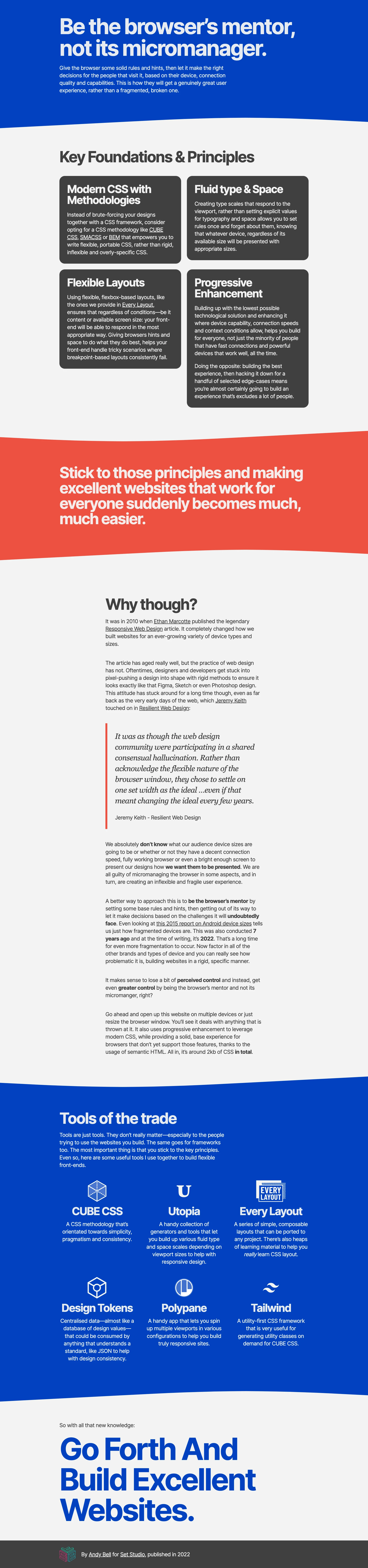 Build Excellent Websites Landing Page Example: Key principles using modern CSS, fluid type, fluid space, flexible layout and progressive enhancement will help you to build better front-ends that work for everyone.