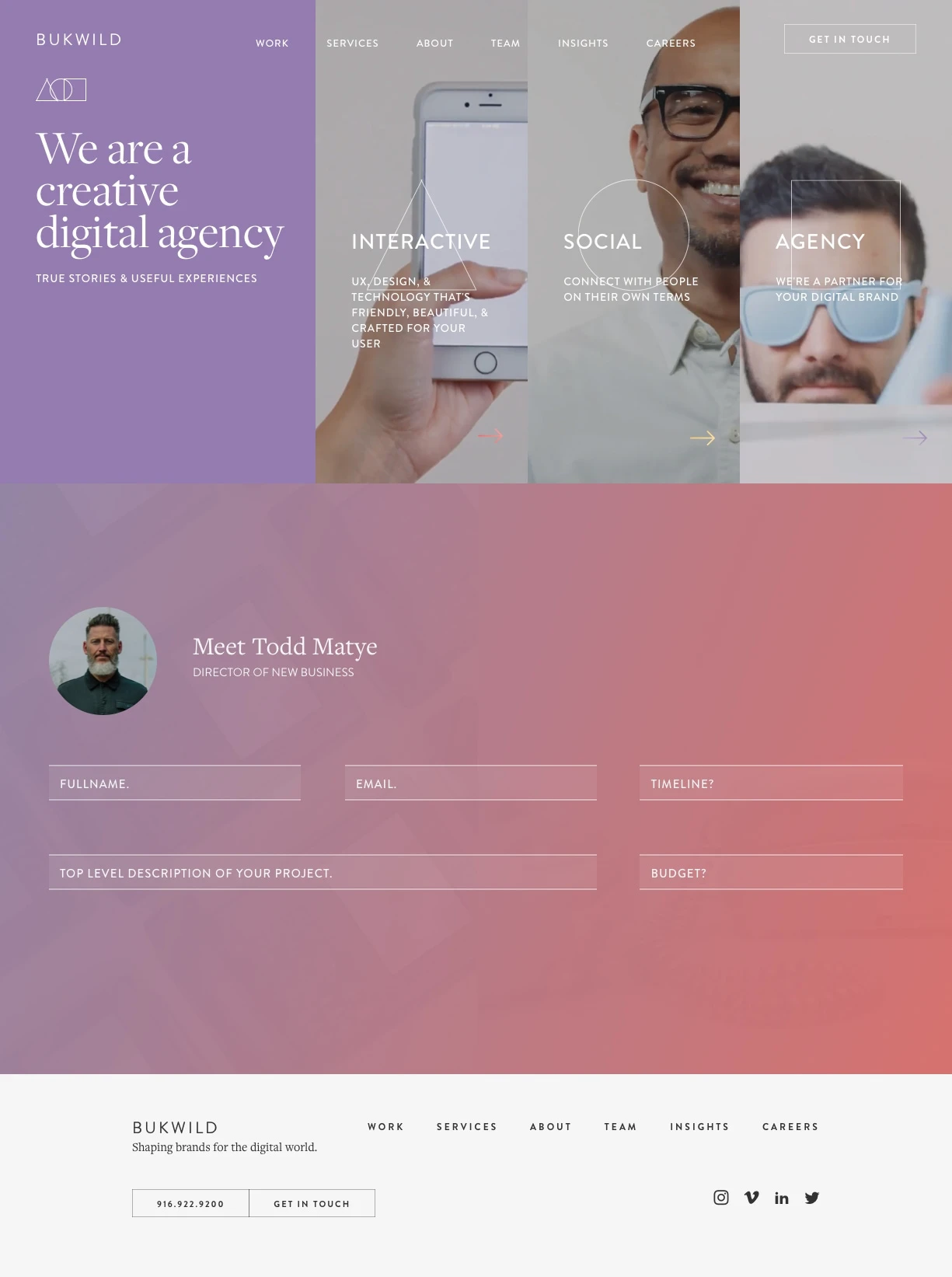 Bukwild Landing Page Example: We build indelible brand equity through a devotion to the user experience.