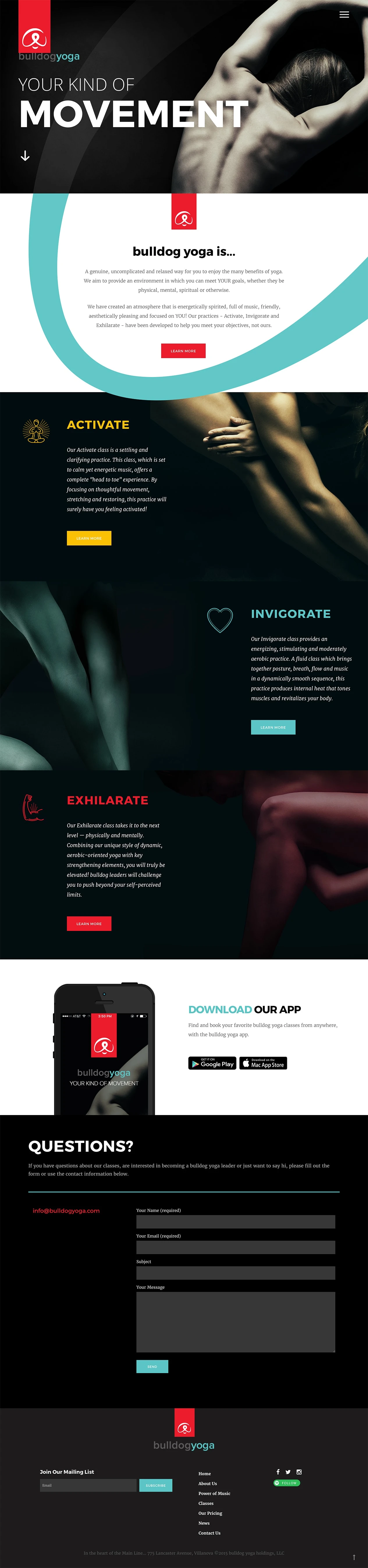 bulldog yoga Landing Page Example: Yoga on the main line: genuine, uncomplicated and relaxed. Your Kind of Movement.
