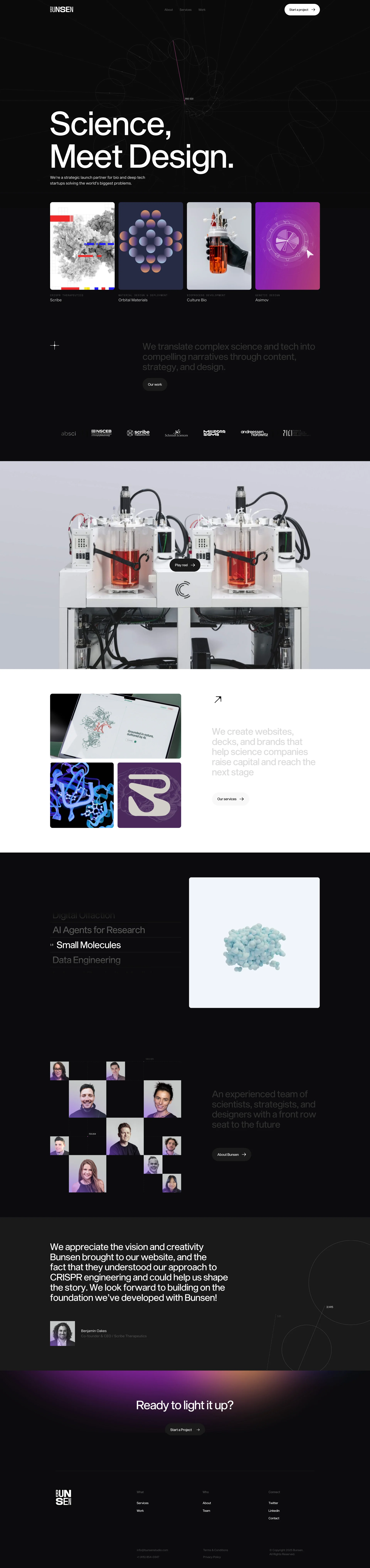 Bunsen Studio Landing Page Example: Bunsen is a full-service creative and communications studio serving science and frontier technology companies. We’re a strategic launch partner for bio and deep tech startups solving the world’s biggest problems.