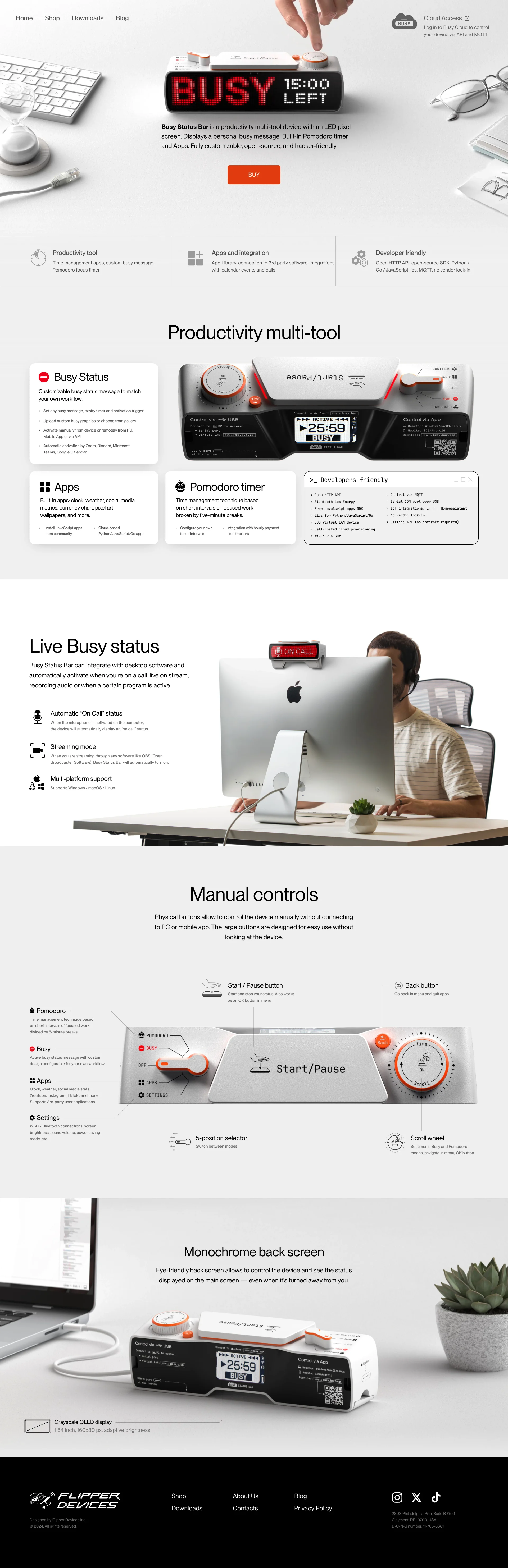 Busy Status Bar Landing Page Example: Busy Status Bar is a productivity multi-tool device with an LED pixel screen. Displays a personal busy message. Built-in Pomodoro timer and Apps. Fully customizable, open-source, and hacker-friendly.