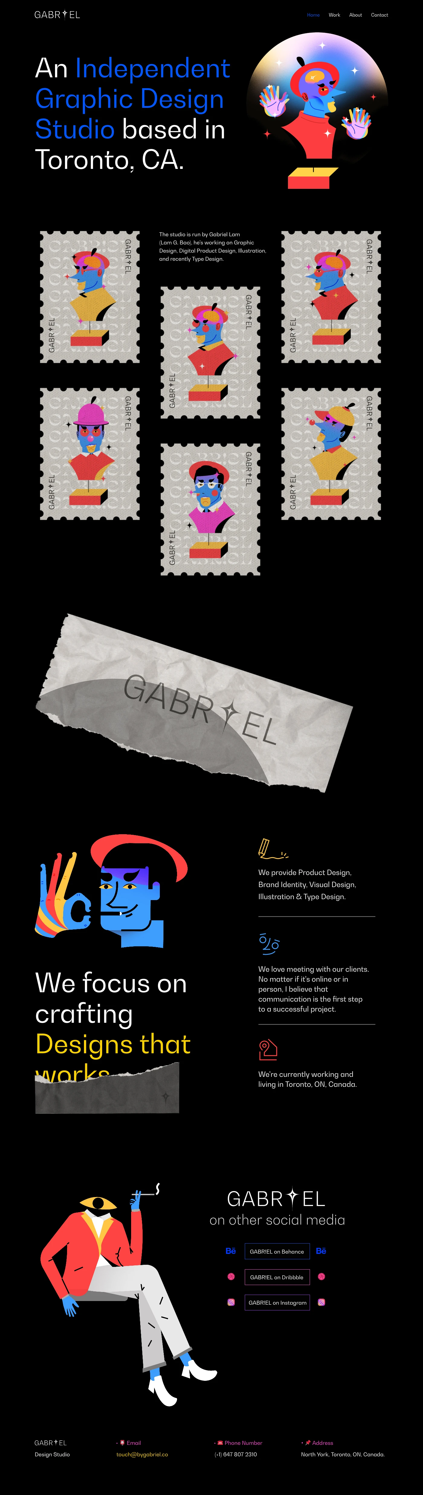 GABR!EL Landing Page Example: The studio is run by Gabriel Lam (Lam G. Bao), he's working on Graphic Design, Digital Product Design, Illustration, and recently Type Design.