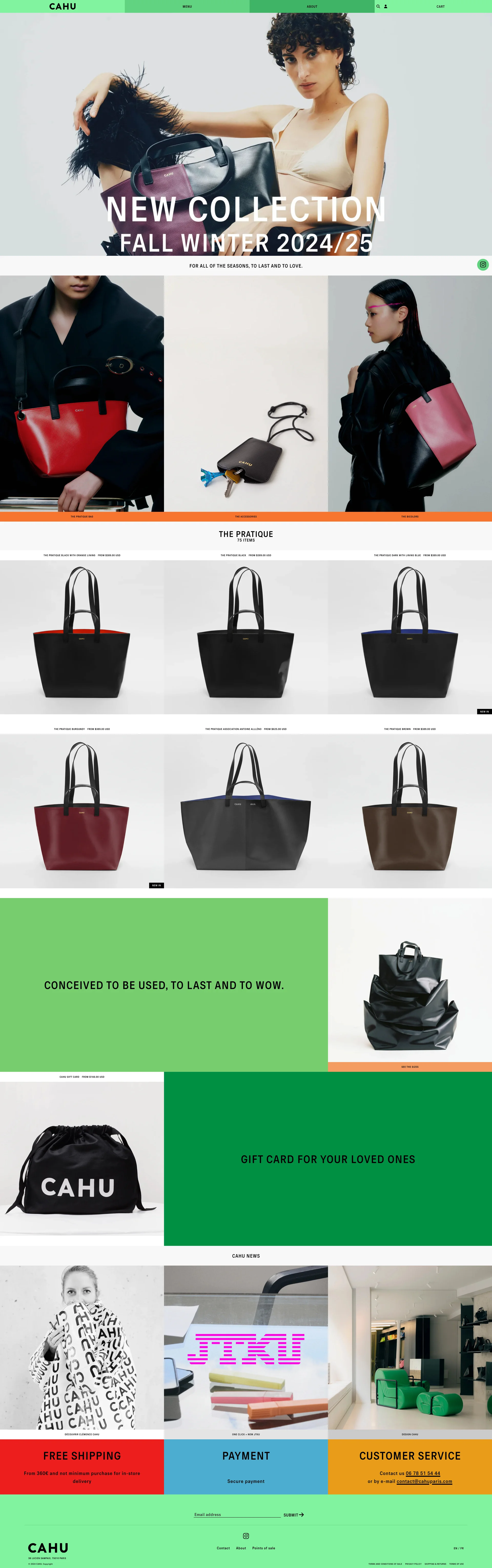 CAHU Landing Page Example: Fine Leather Goods and Small Objects. CAHU objects are at home everywhere, and especially with you. At CAHU, more than twenty experts in fine leather goods combine their know-how to create accessories, never superfluous.
