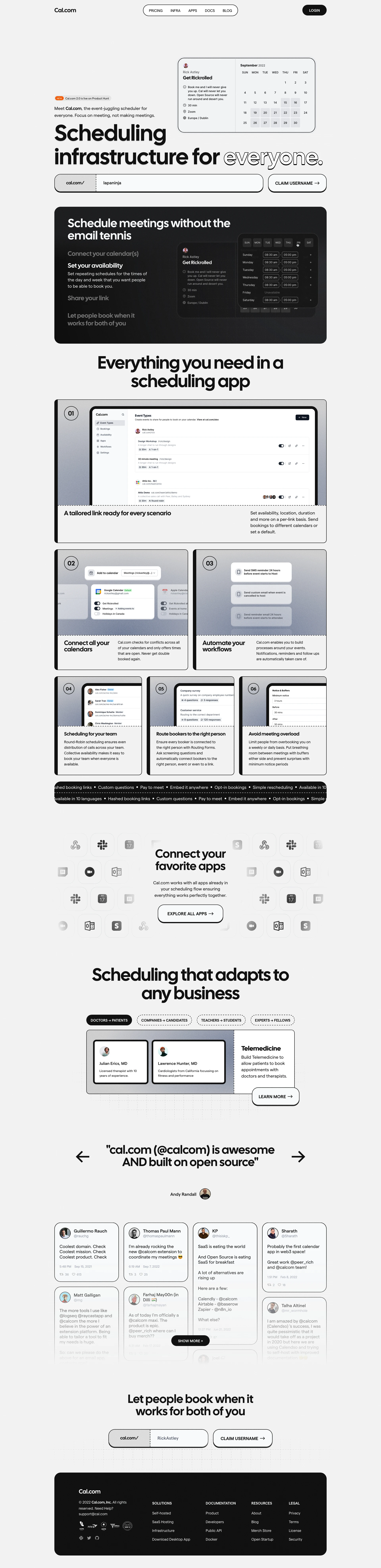 Cal.com Landing Page Example: Meet Cal.com, the event-juggling scheduler for everyone. Focus on meeting, not making meetings.
