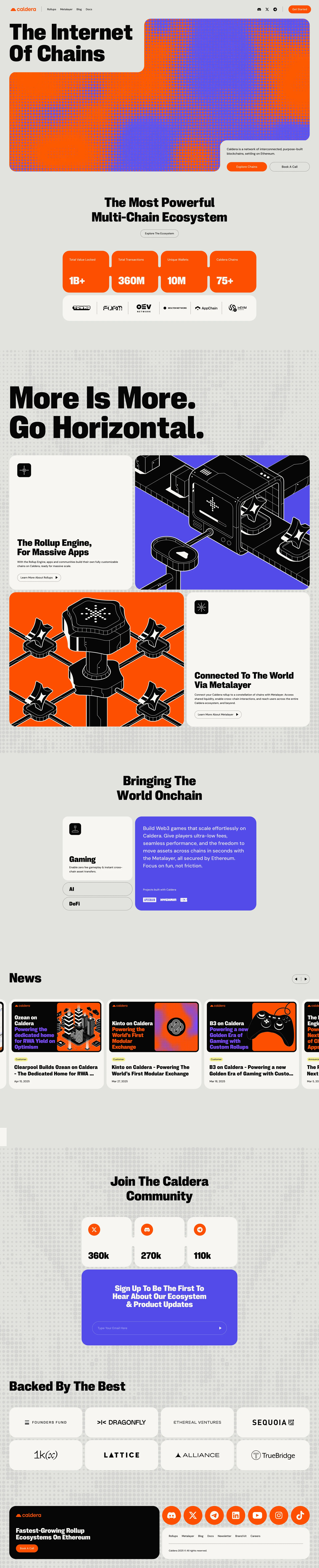 Caldera Landing Page Example: Caldera is a network of interconnected, purpose-built blockchains, settling on Ethereum.