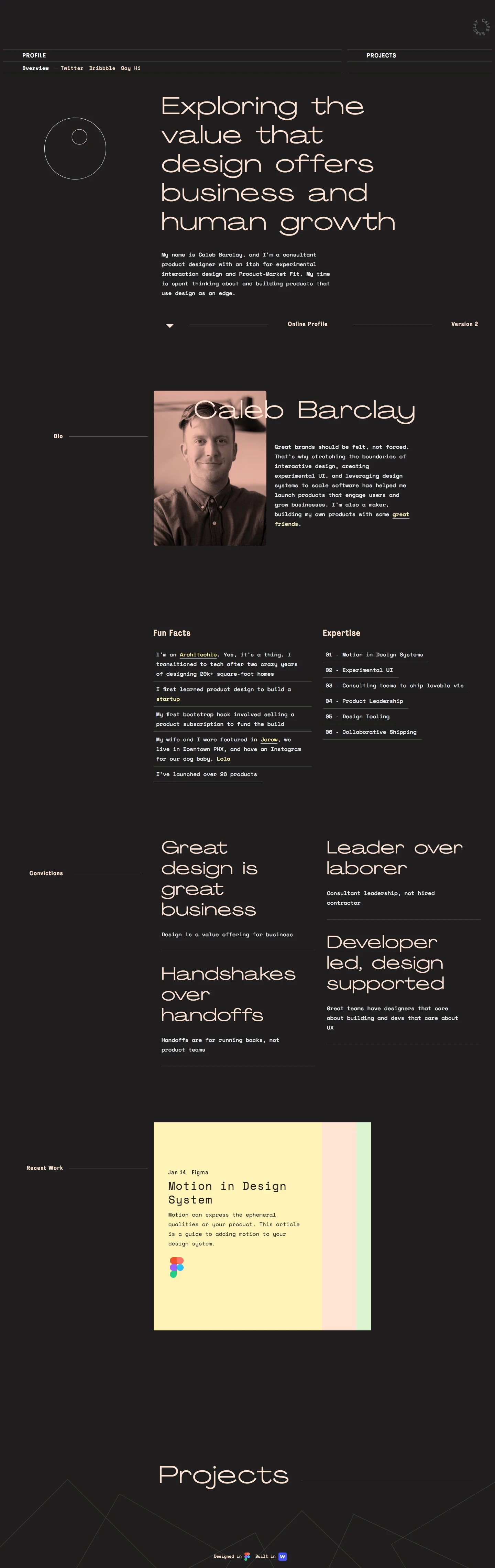 Caleb Barclay Landing Page Example: My name is Caleb Barclay, and I’m a consultant product designer with an itch for experimental interaction design and Product-Market Fit. My time is spent thinking about and building products that use design as an edge.