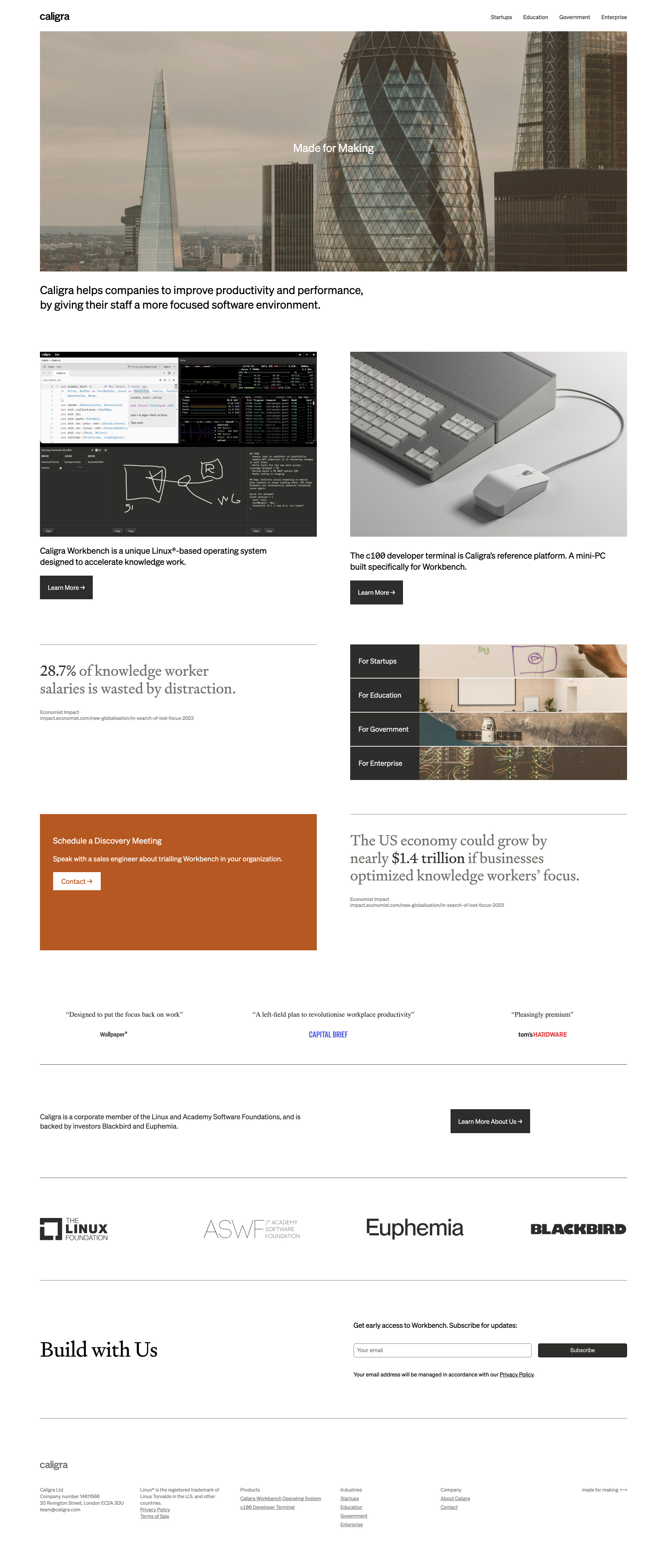 Caligra Landing Page Example: Caligra helps companies to improve productivity and performance, by giving their staff a more focused software environment.