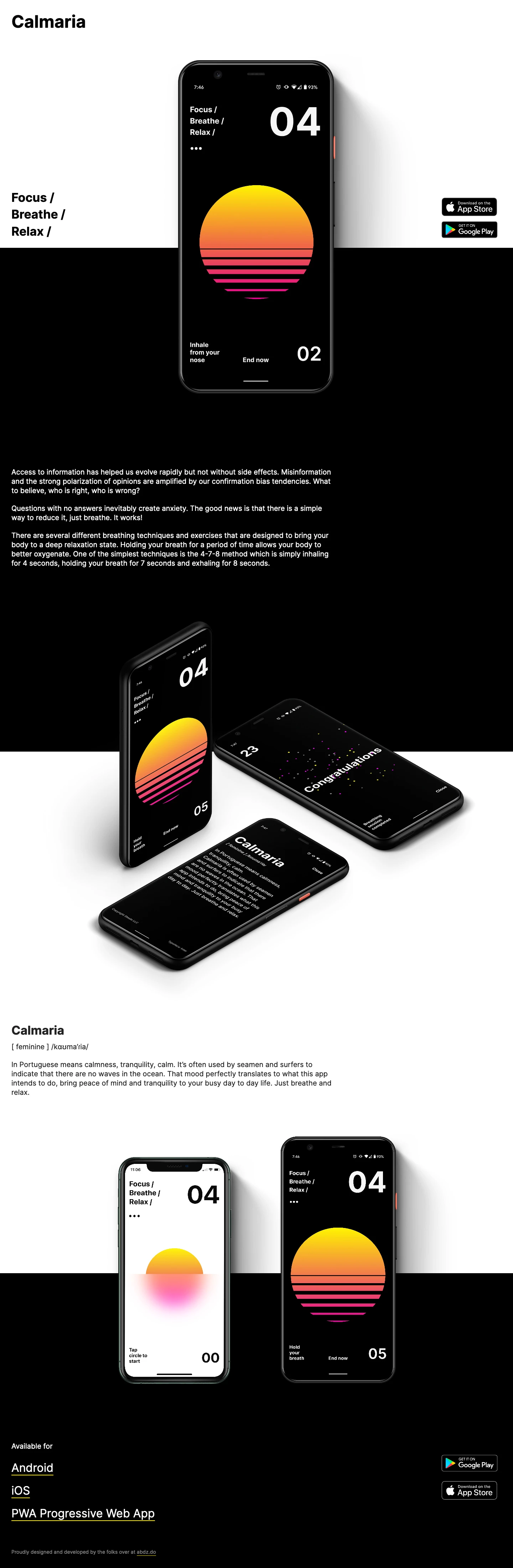 Calmaria Landing Page Example: Focus / Breathe / Relax