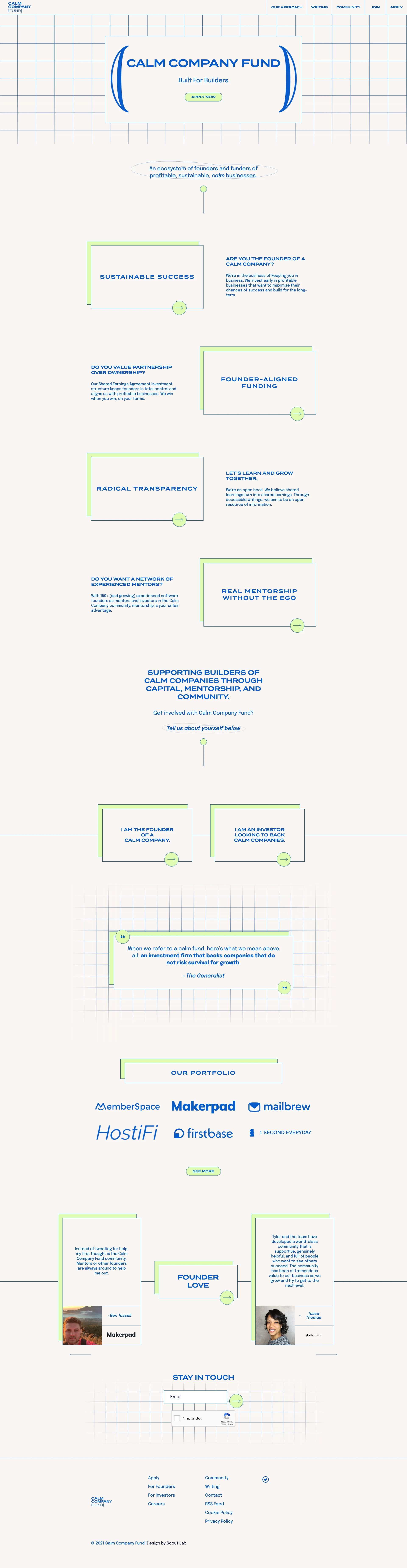 Calm Company Fund Landing Page Example: Early stage funding, resources, and mentorship for founders building profit-driven calm businesses.