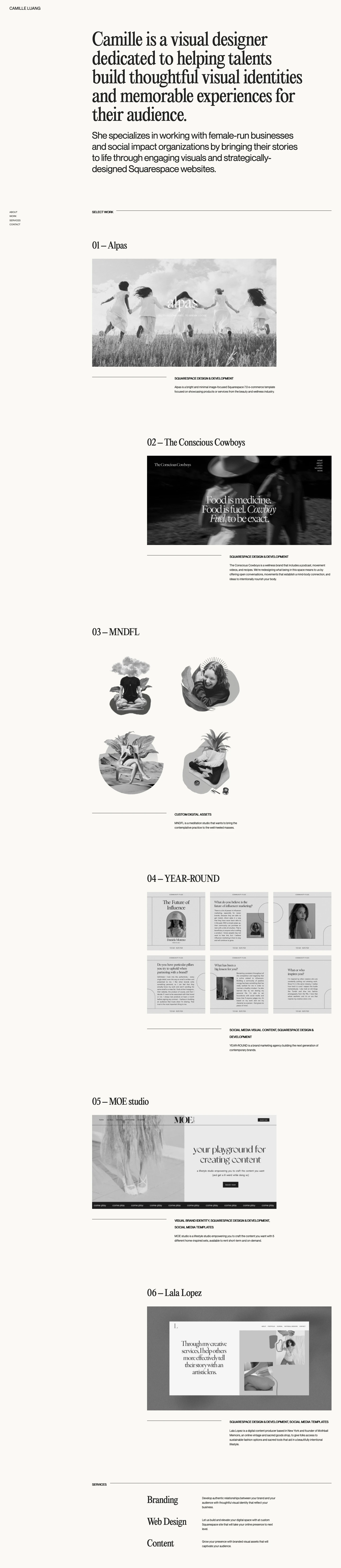 Camille Luang Landing Page Example: Camille is a visual designer dedicated to helping talents build thoughtful visual identities and memorable experiences for their audience. She specializes in working with female-run businesses and social impact organizations by bringing their stories to life through engaging visuals and strategically-designed Squarespace websites.