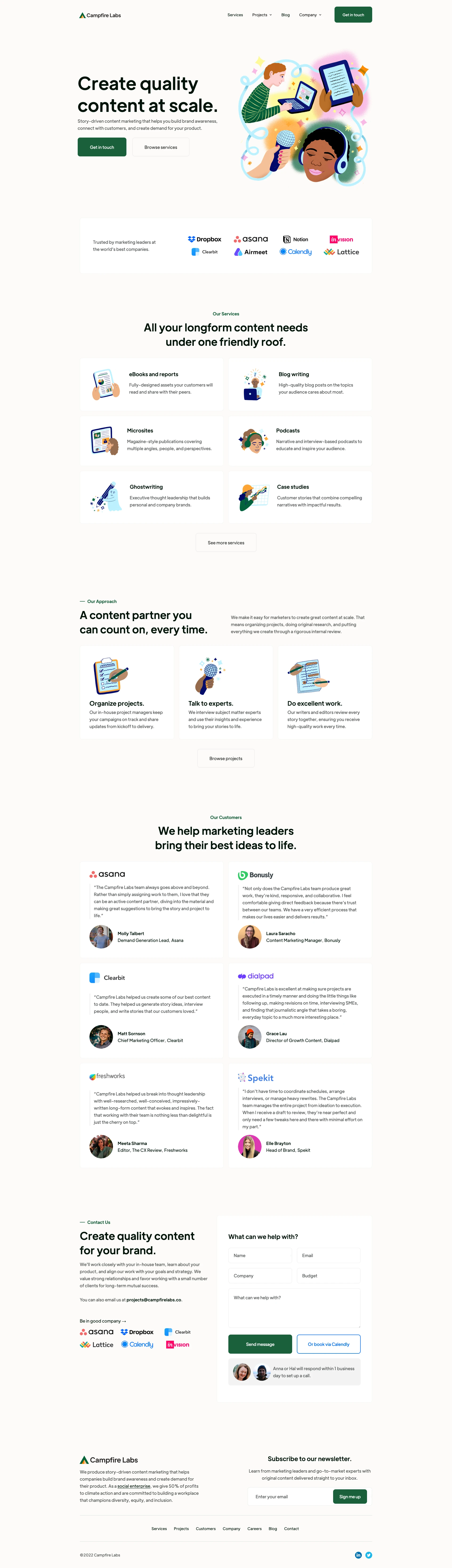 Campfire Labs Landing Page Example: Create quality content at scale. Story-driven content marketing that helps you build brand awareness, connect with customers, and create demand for your product.