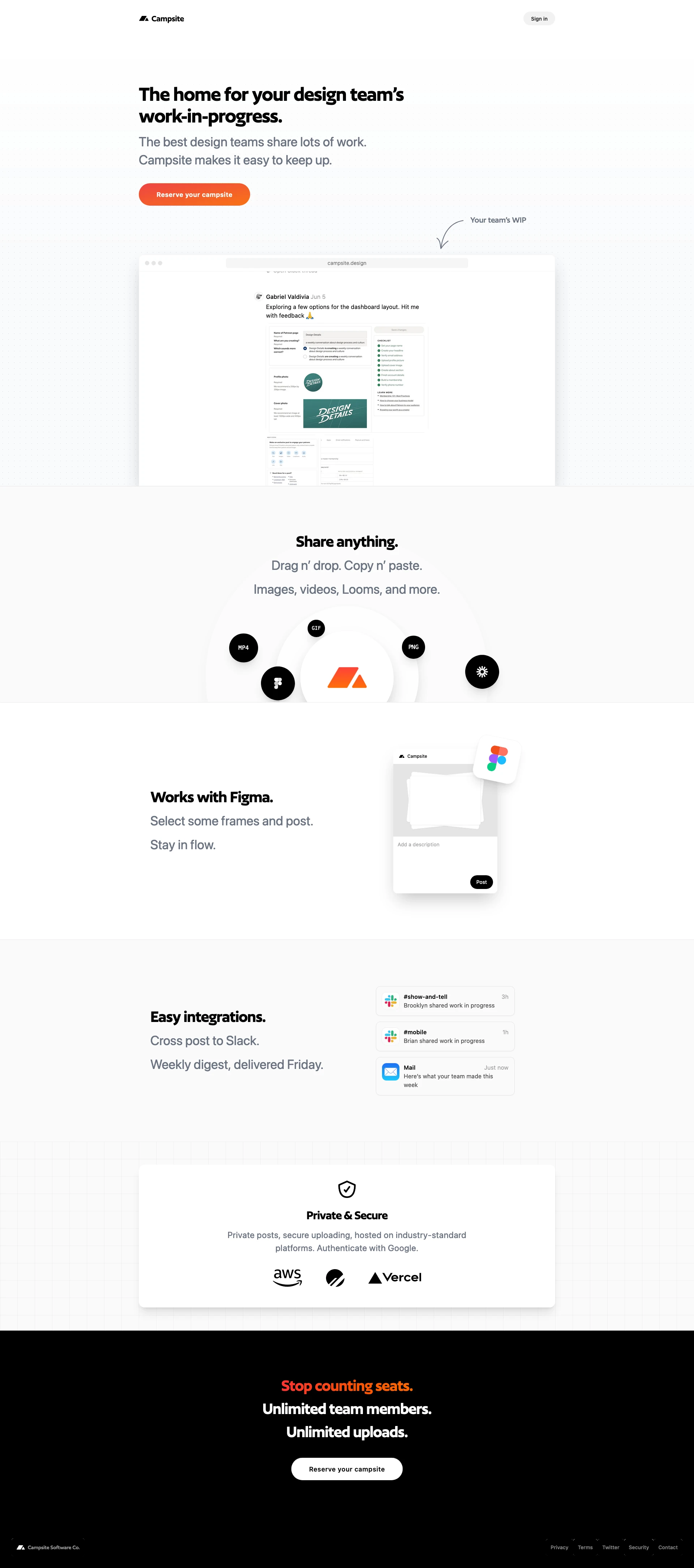 Campsite Landing Page Example: The home for your design team’s work-in-progress. The best design teams share lots of work. Campsite makes it easy to keep up.