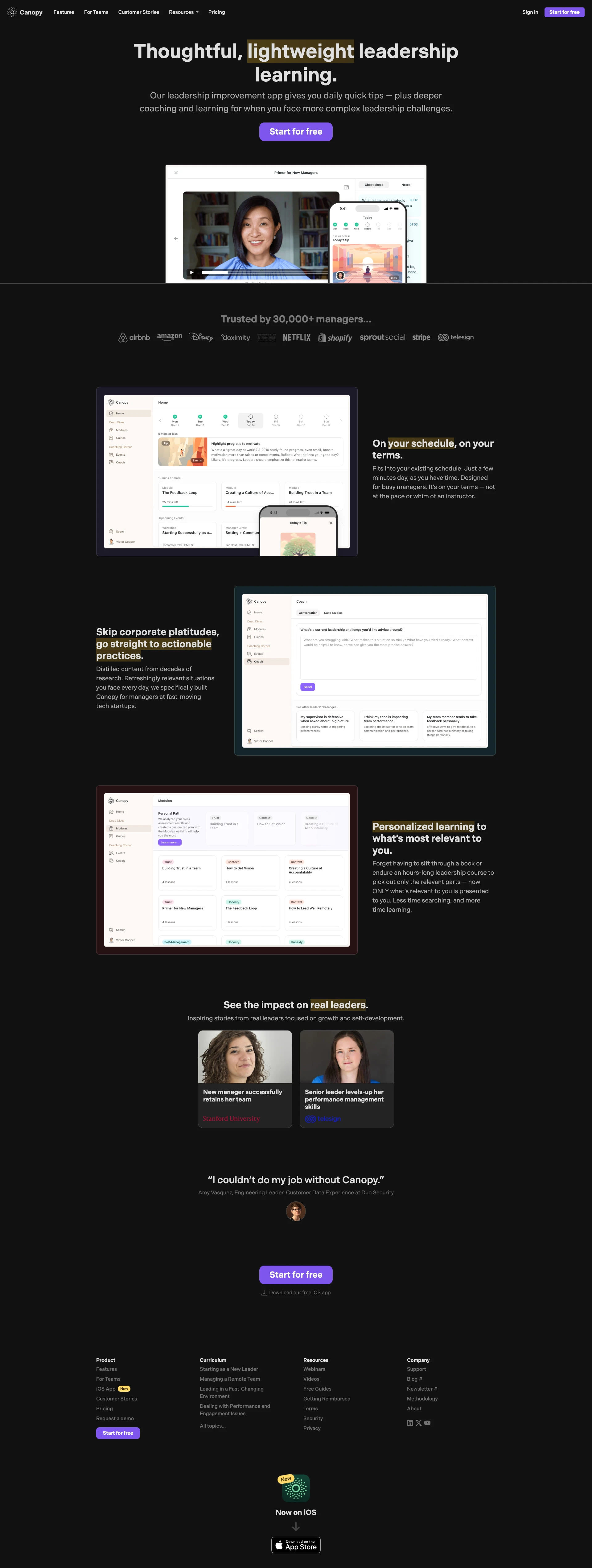 Canopy Landing Page Example: Thoughtful, lightweight leadership learning. Our leadership improvement app gives you daily quick tips — plus deeper coaching and learning for when you face more complex leadership challenges.