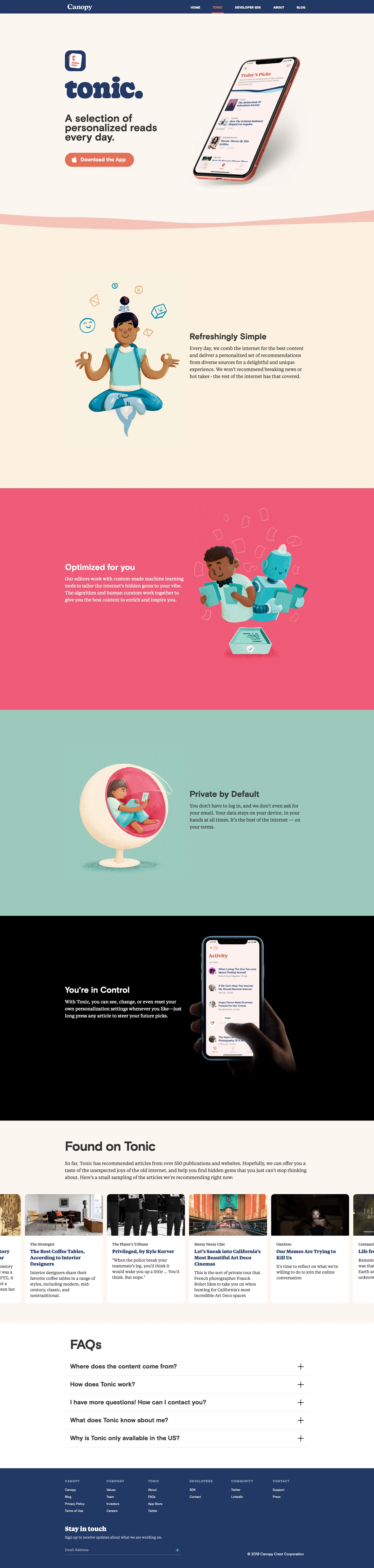 Canopy Tonic Landing Page Example: Tonic is an app built by Canopy that gives you a selection of personalized reads every day.