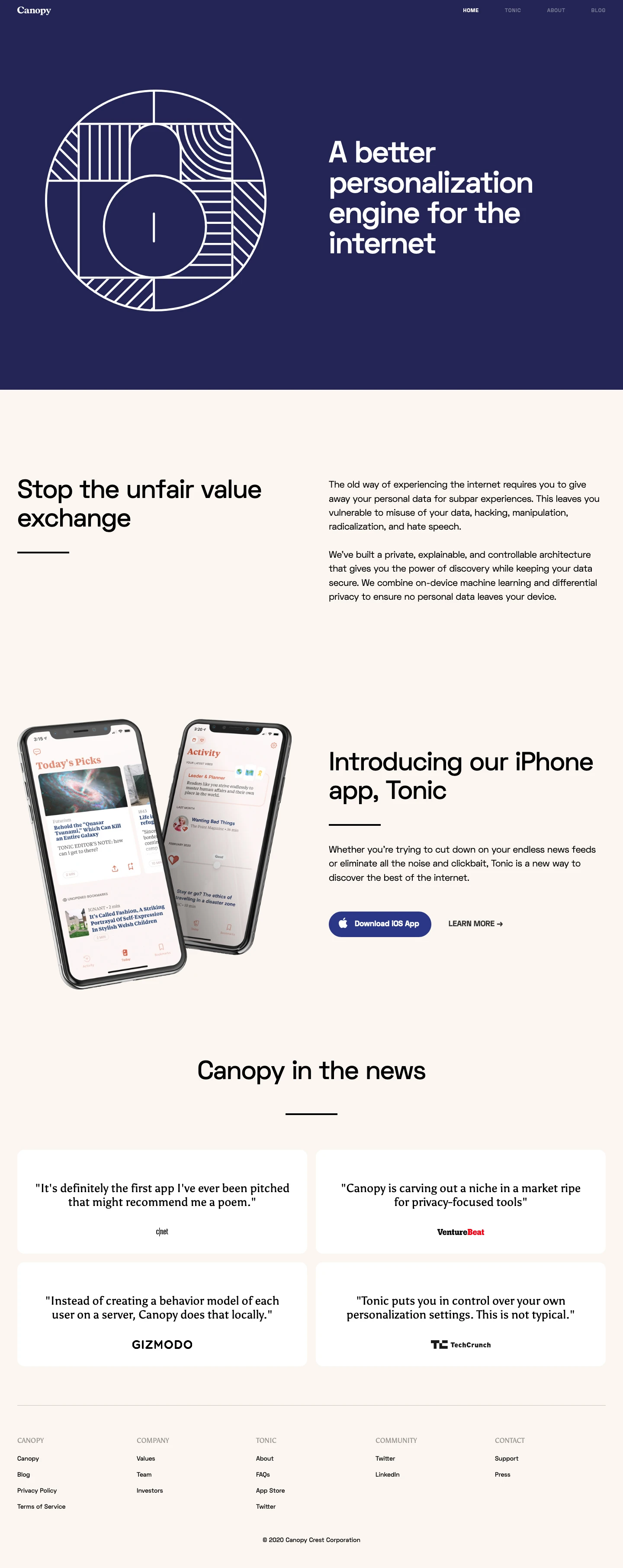 Canopy Landing Page Example: Canopy is a new personalization engine for a better internet. We’ve built a private, explainable and controllable architecture that gives people the power of discovery while keeping their data secure.