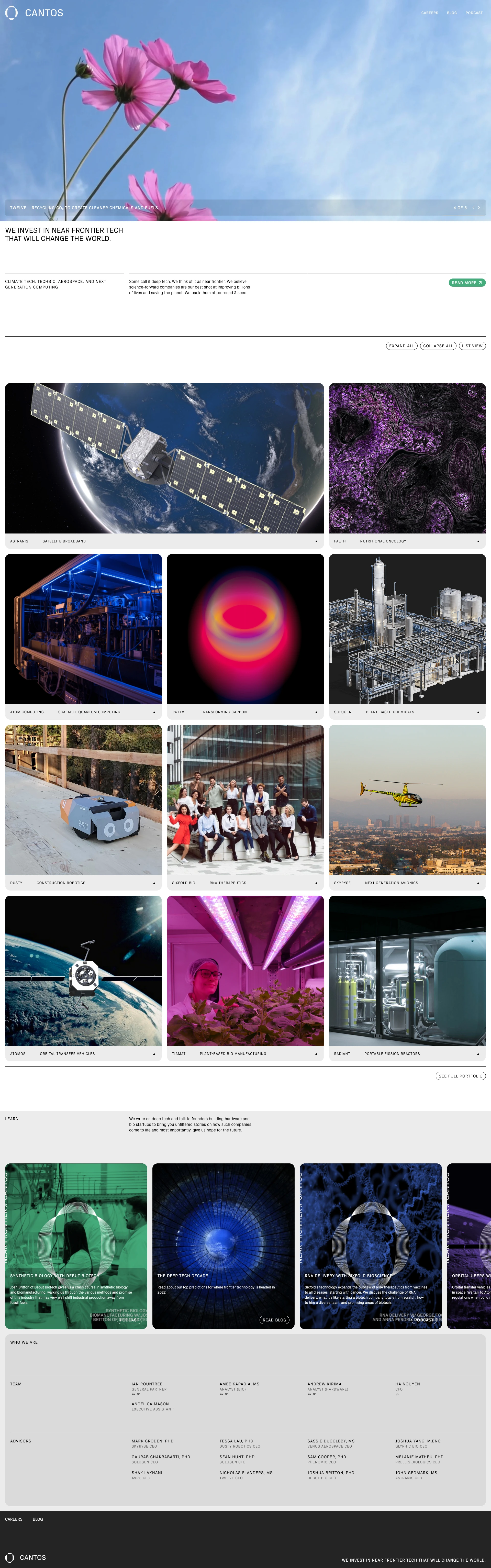 Cantos Landing Page Example: We invest in near frontier tech that will change the world.