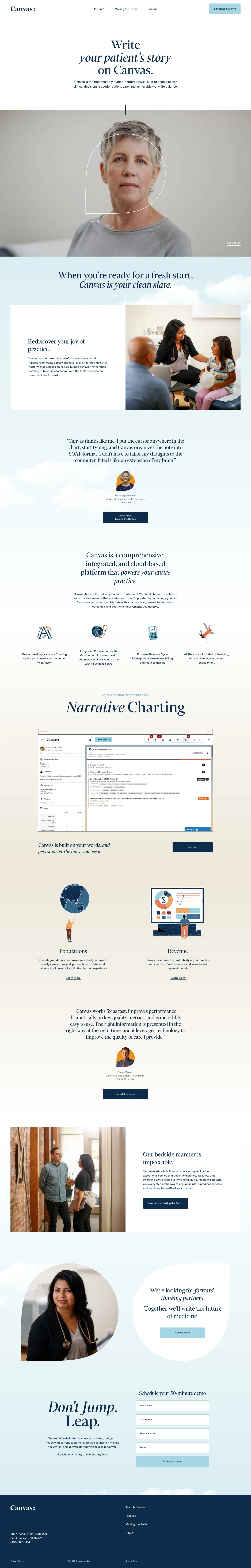 Canvas Medical Landing Page Example: Canvas is the first and only human-centered EMR, built to enable better clinical decisions, superior patient care, and achievable work-life balance.
