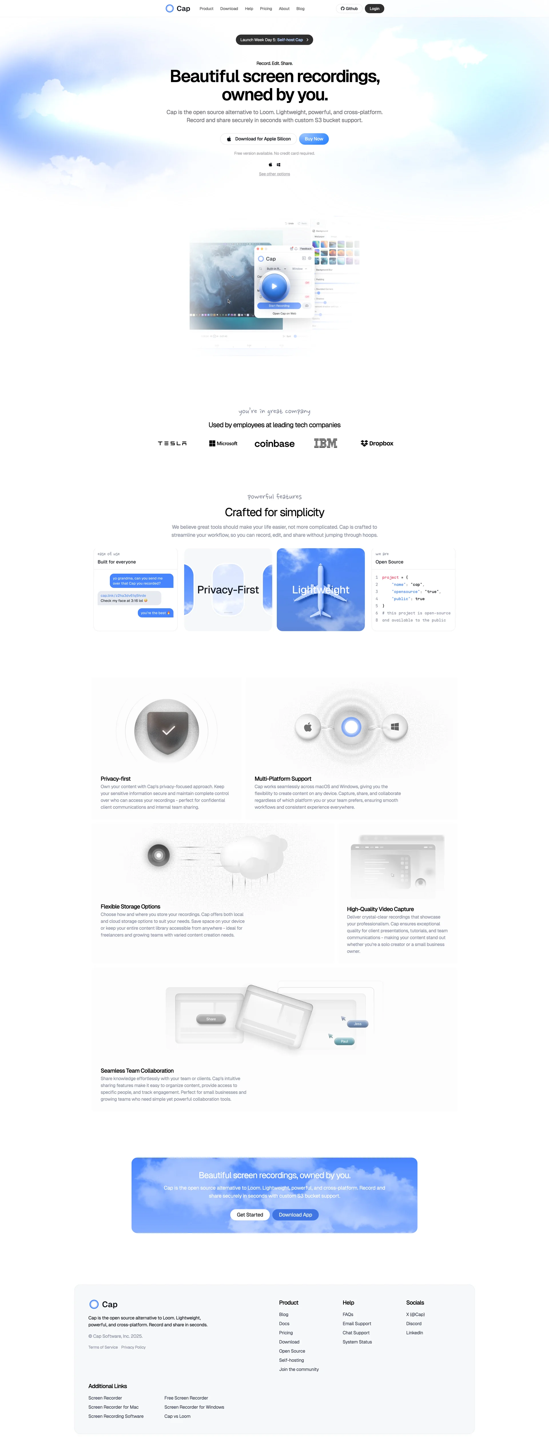Cap Landing Page Example: Cap is the open source alternative to Loom. Lightweight, powerful, and cross-platform. Record and share in seconds.