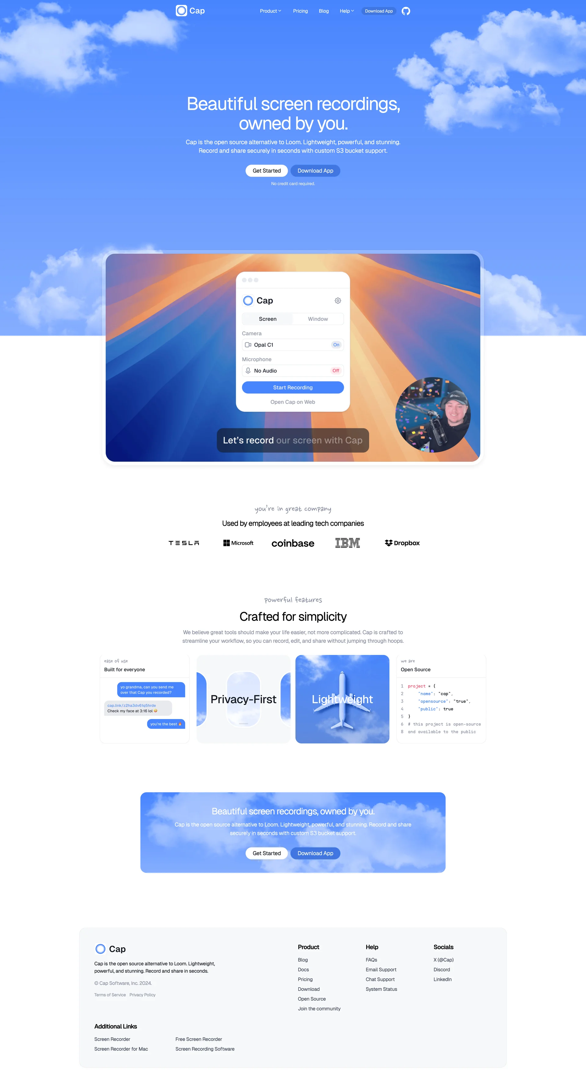Cap Landing Page Example: Cap is the open source alternative to Loom. Lightweight, powerful, and stunning. Record and share securely in seconds with custom S3 bucket support.