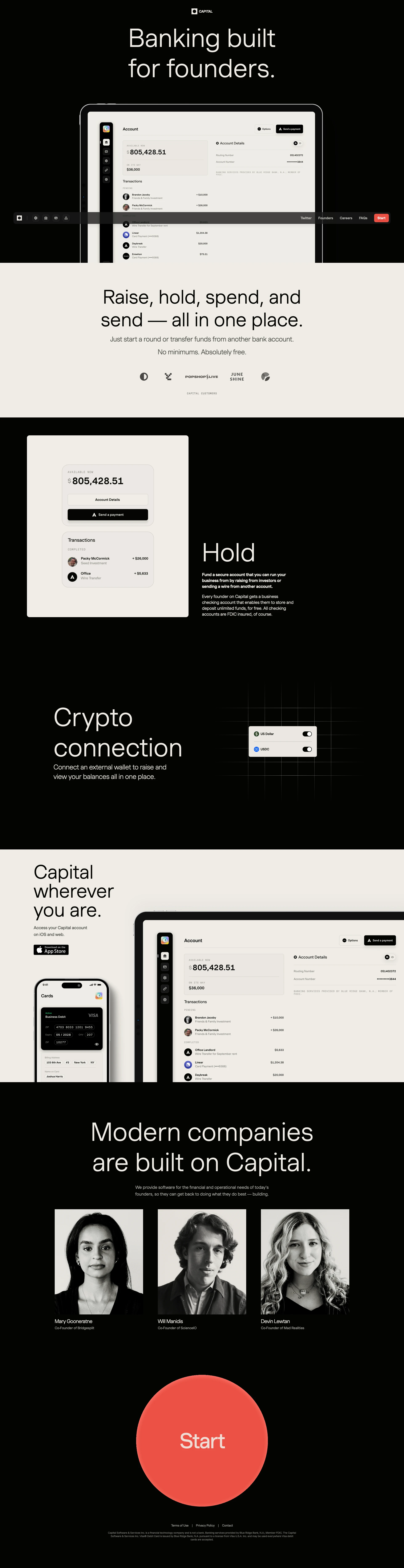 Capital Landing Page Example: Banking built for founders. Raise, hold, spend, and send — all in one place. Just start a round or transfer funds from another bank account. No minimums. Absolutely free.