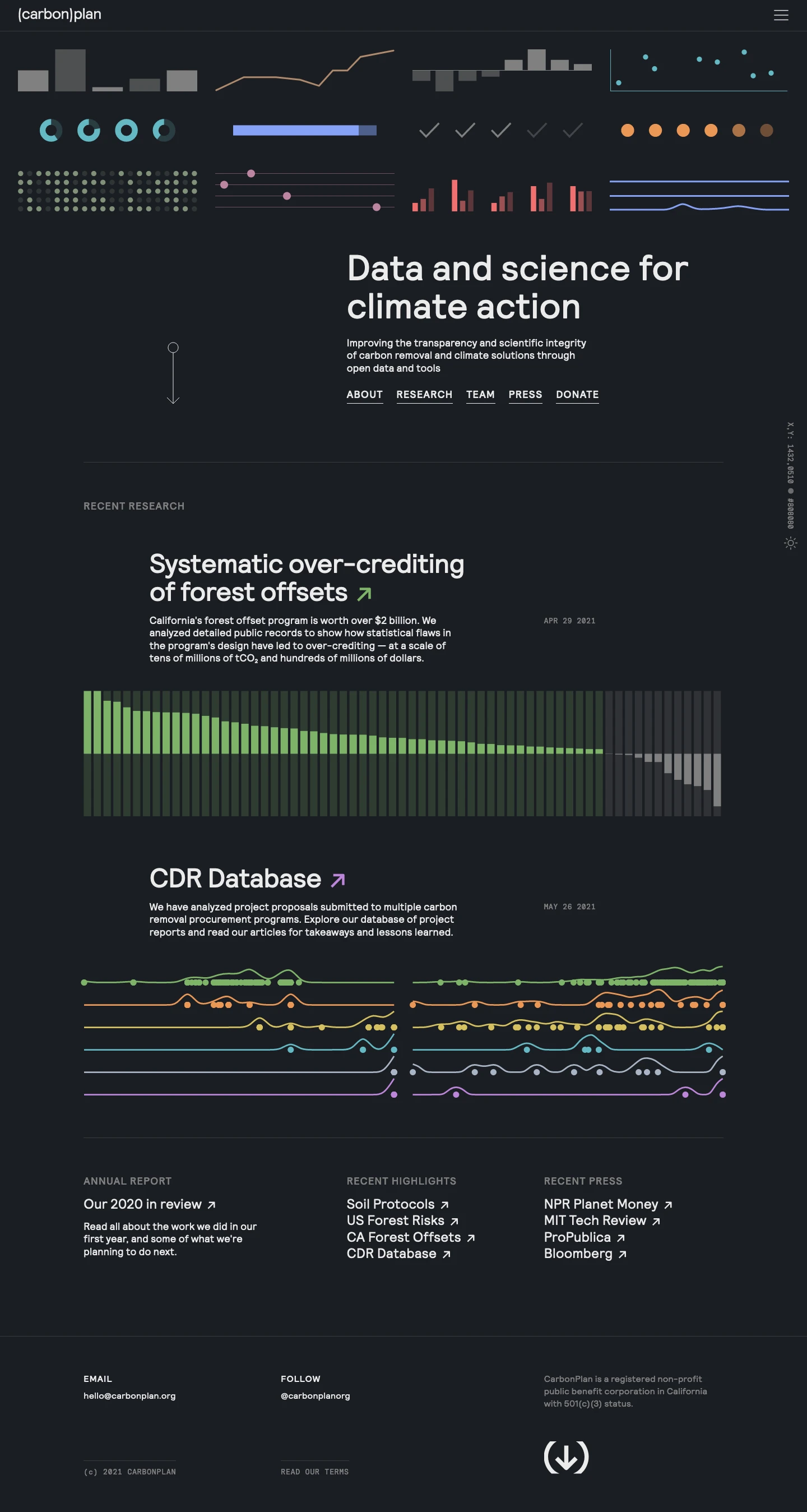 carbonplan Landing Page Example: Data and science for climate action. Improving the transparency and scientific integrity of carbon removal and climate solutions through open data and tools.