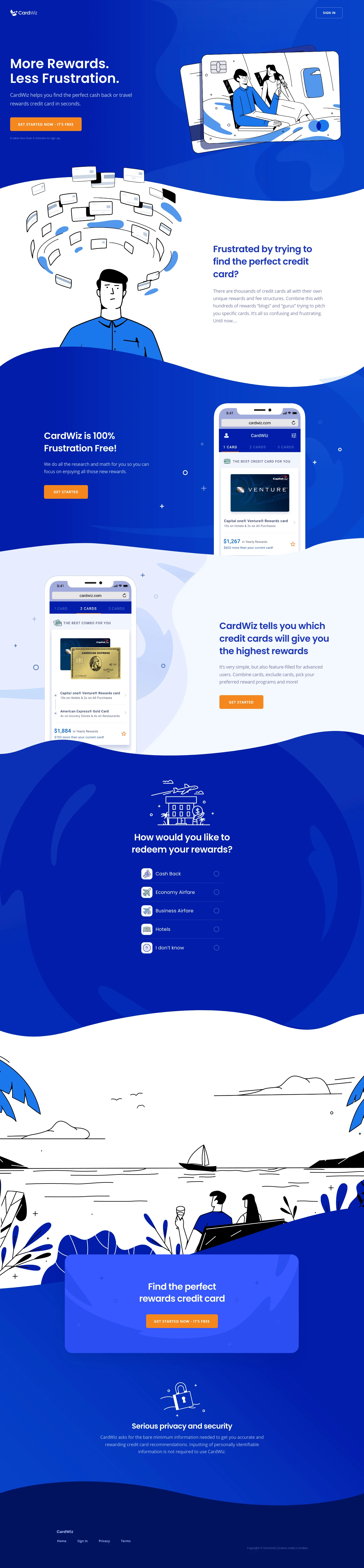 CardWiz Landing Page Example: CardWiz helps you find the perfect cash back or travel rewards credit card in seconds.
