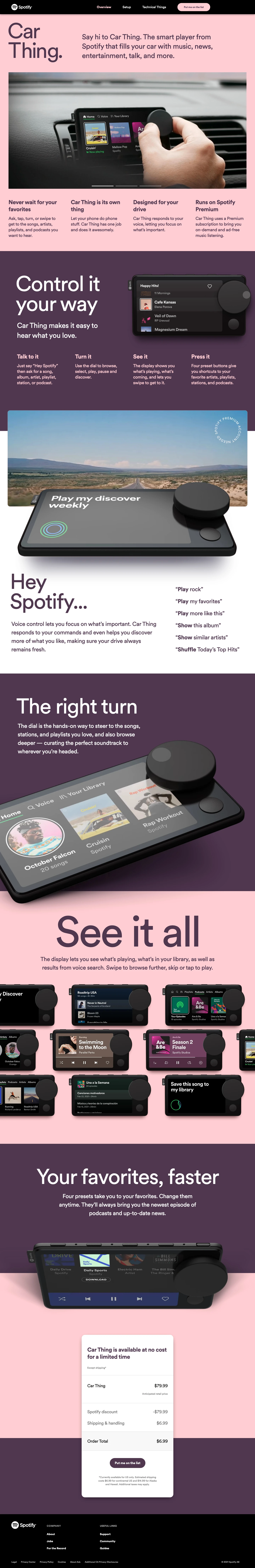 Car Thing Landing Page Example: Say hi to Car Thing. The smart player from Spotify that fills your car with music, news, entertainment, talk, and more.