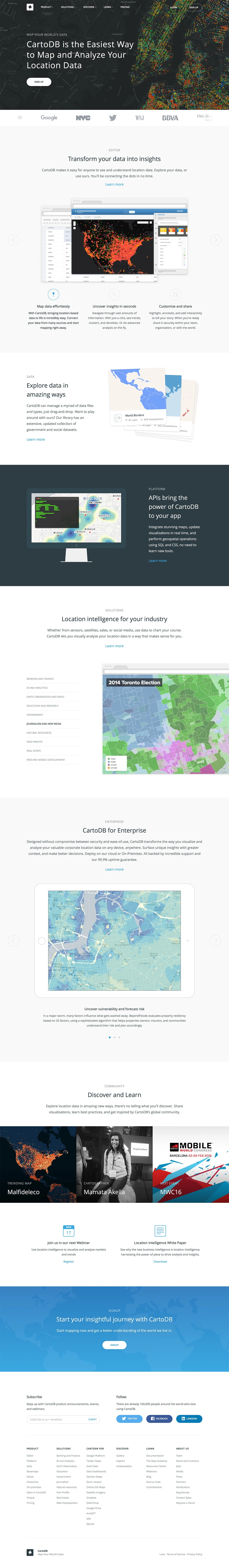 CartoDB Landing Page Example: CartoDB is a location intelligence and visualization engine that empowers you to effortlessly transform data into insights.