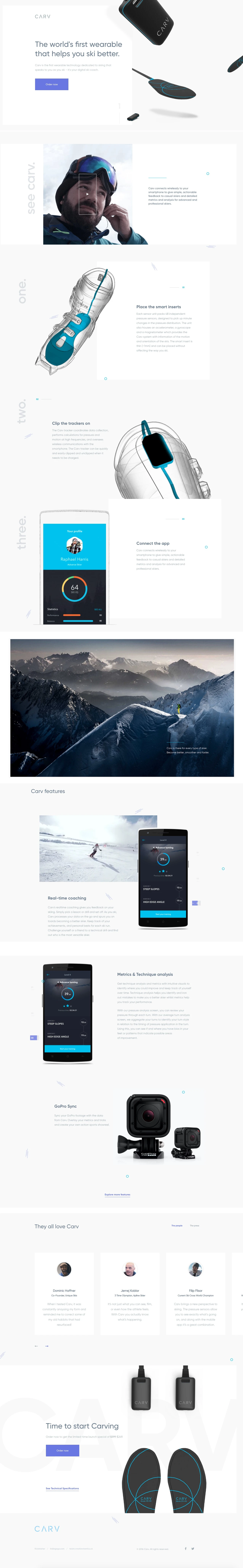 Carv Landing Page Example: Carv is the first wearable technology dedicated to skiing that speaks to you as you ski - it's your digital ski coach.