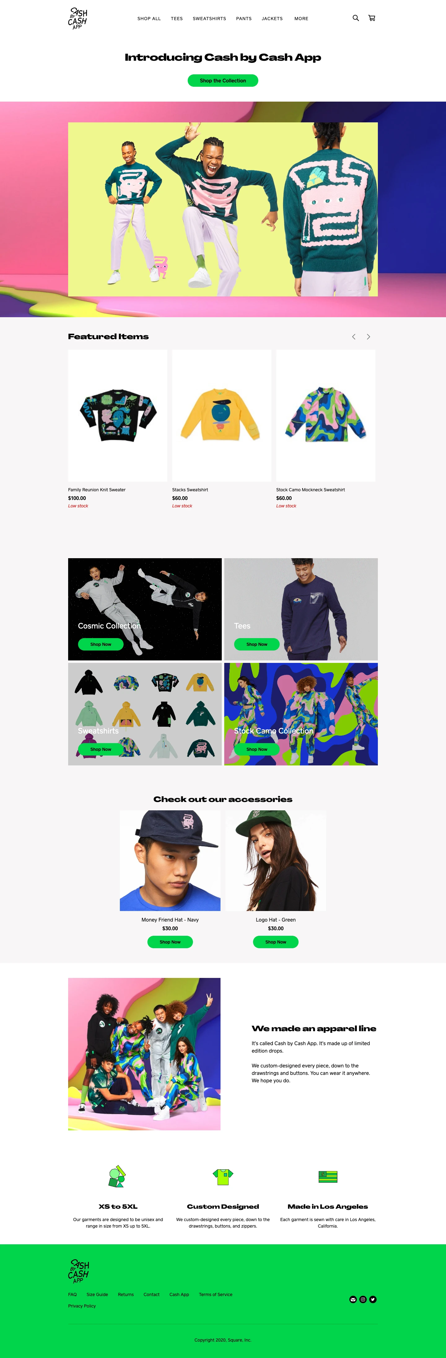 Cash By Cash App Landing Page Example: We made an apparel line. It’s called Cash by Cash App. It’s made up of limited edition drops. We custom-designed every piece, down to the drawstrings and buttons. You can wear it anywhere. We hope you do.