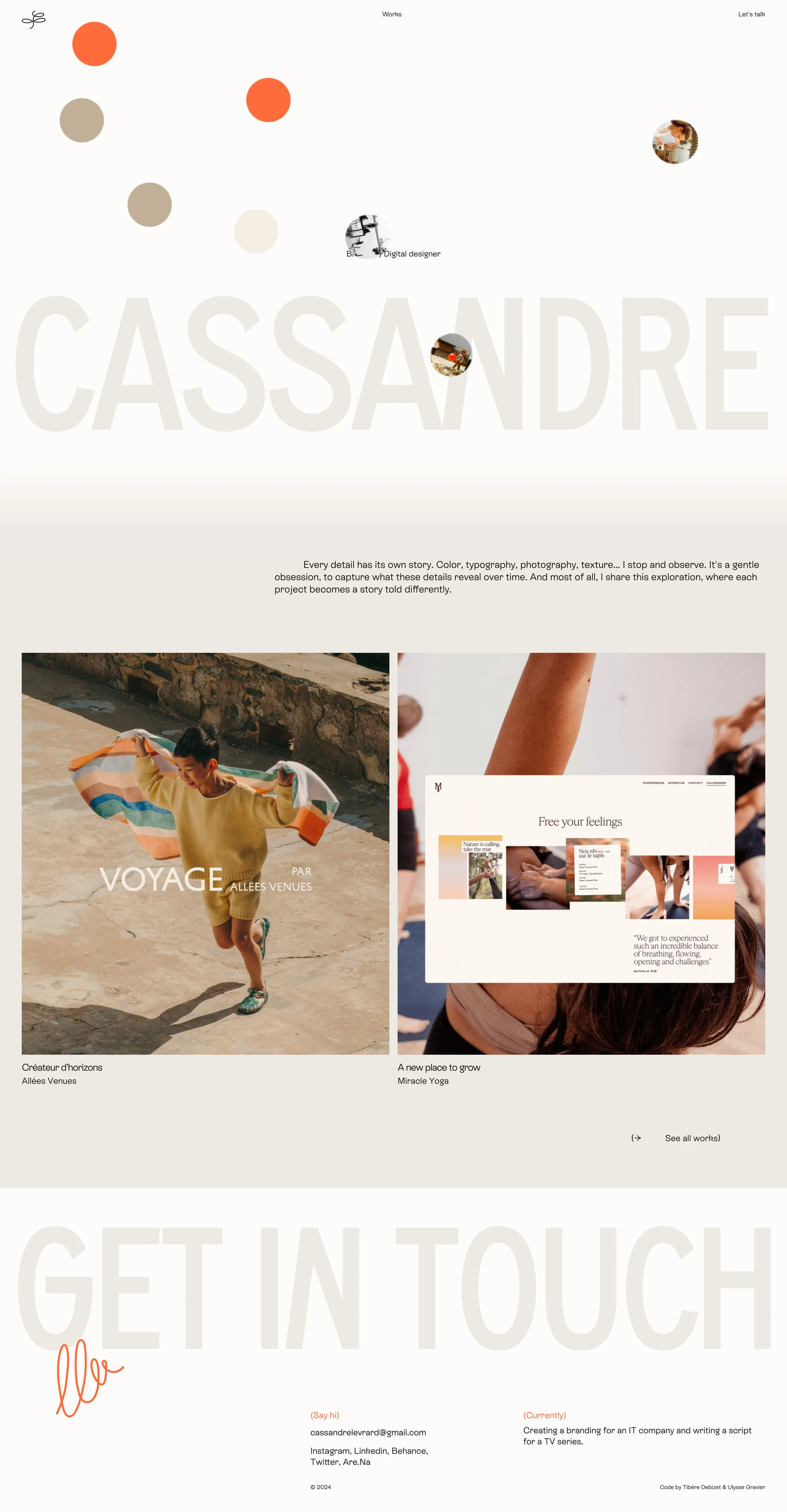 Cassandre Levrard Landing Page Example: Every detail has its own story. Color, typography, photography, texture... I stop and observe. It's a gentle obsession, to capture what these details reveal over time. And most of all, I share this exploration, where each project becomes a story told differently.