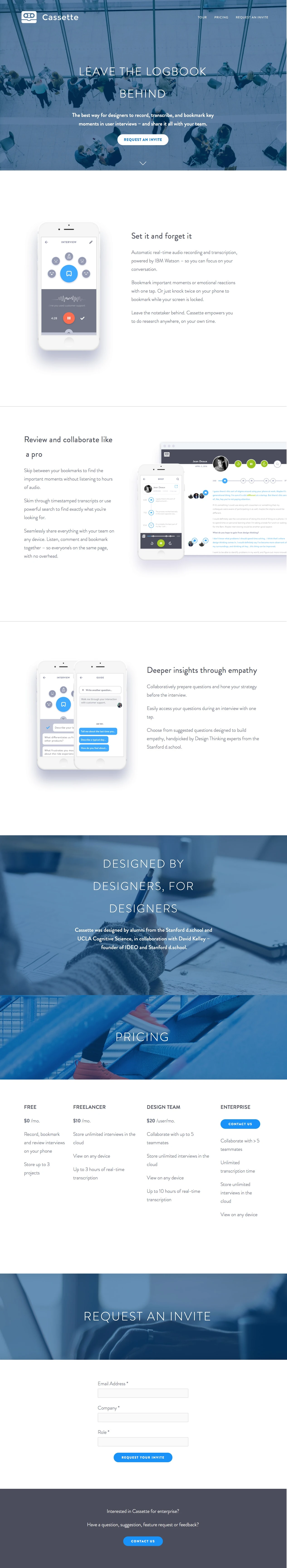 Cassette Landing Page Example: The best way for designers to record, transcribe, and bookmark key moments in user interviews – and share it all with your team.