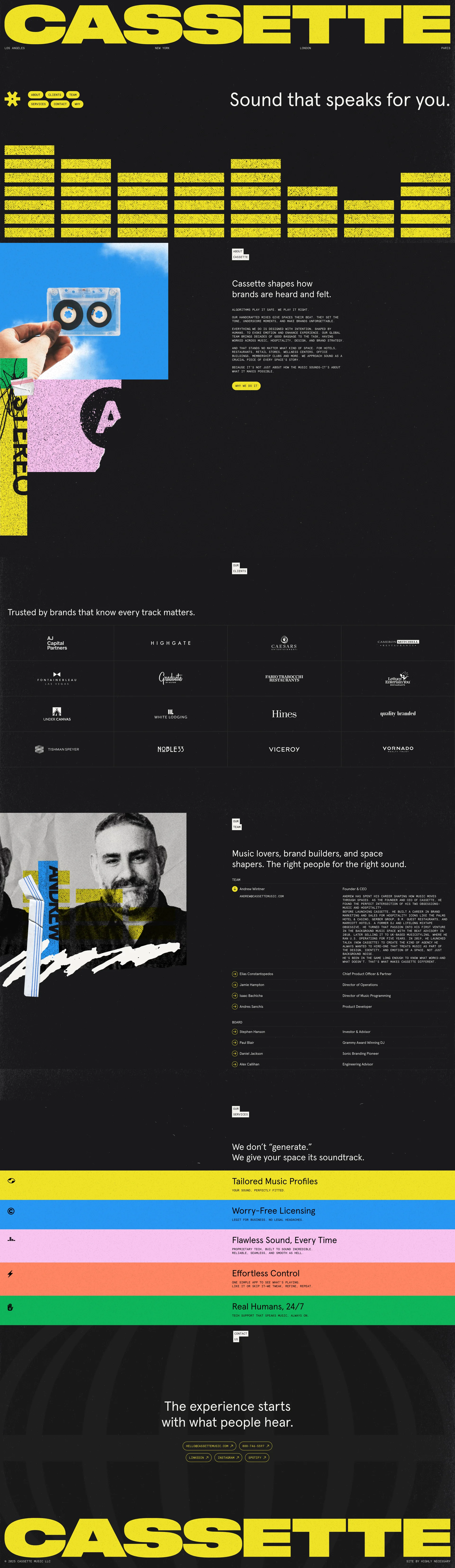 Cassette Landing Page Example: Cassette shapes how brands are heard and felt. Algorithms play it safe. We play it right. Our handcrafted mixes give spaces their beat. They set the tone, underscore moments, and make brands unforgettable.