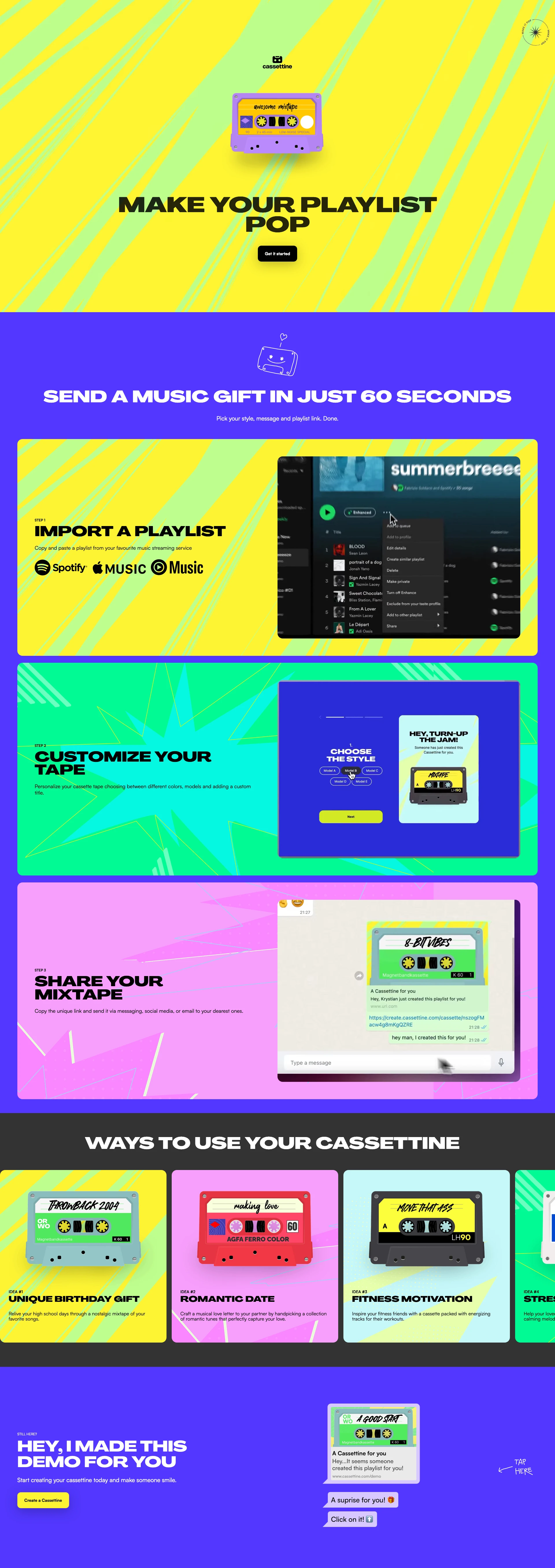 Cassettine Landing Page Example: Make your playlist pop. Send a customized music playlist from spotify, apple music or youtube music in just 60 seconds.