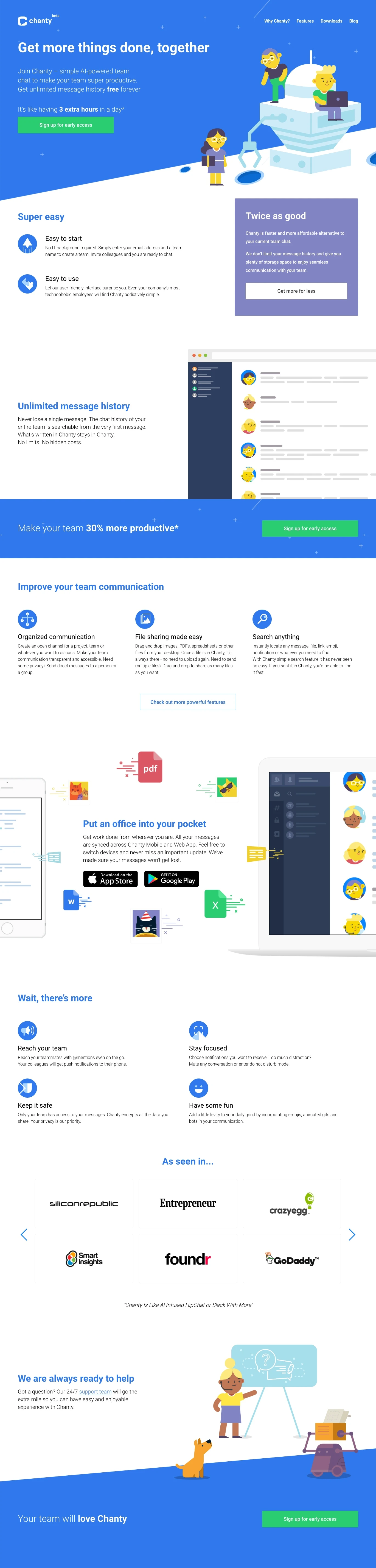 Chanty Landing Page Example: Join Chanty – your simple AI-powered team chat with unlimited message history, easy to use collaboration features and apps to make your team super productive.