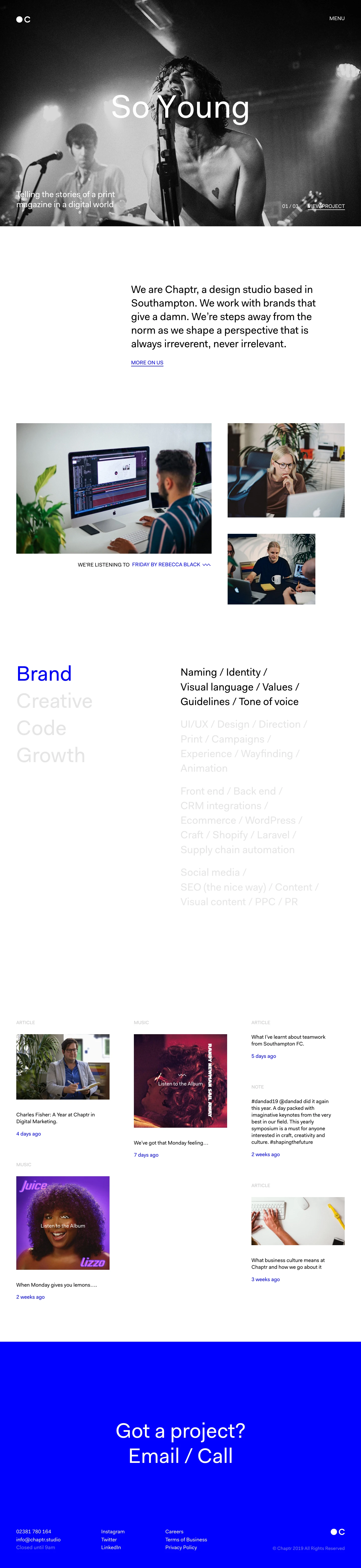 Chaptr Landing Page Example: We are Chaptr, a design studio based in Southampton. We work with brands that give a damn. We’re steps away from the norm as we shape a perspective that is always irreverent, never irrelevant.