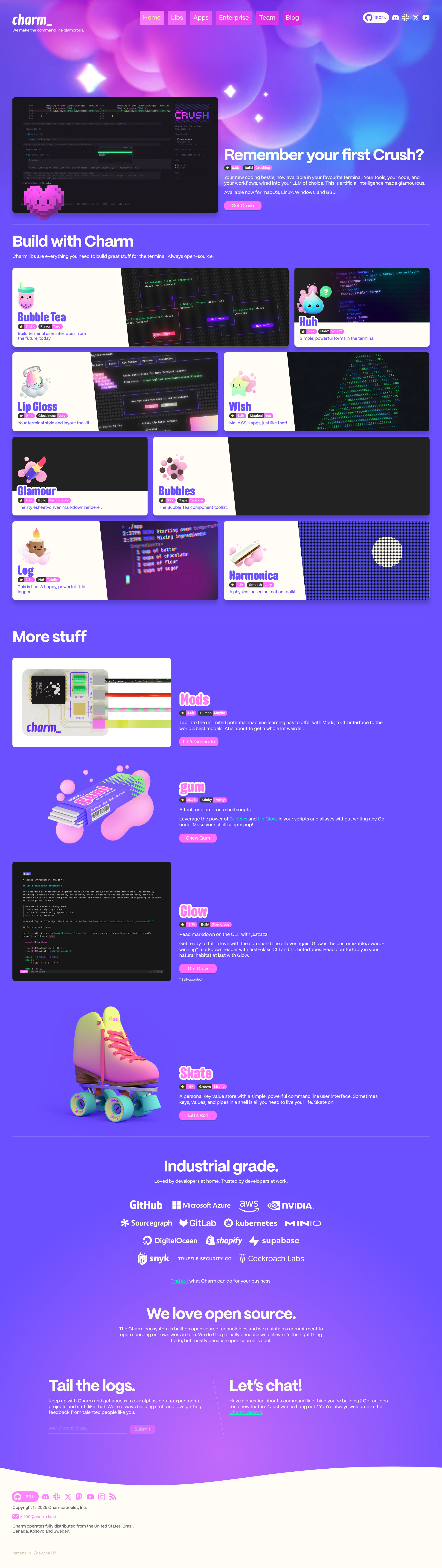 Charm Landing Page Example: Your new coding bestie, now available in your favourite terminal. Your tools, your code, and your workflows, wired into your LLM of choice. This is artificial intelligence made glamourous. Available now for macOS, Linux, Windows, and BSD.