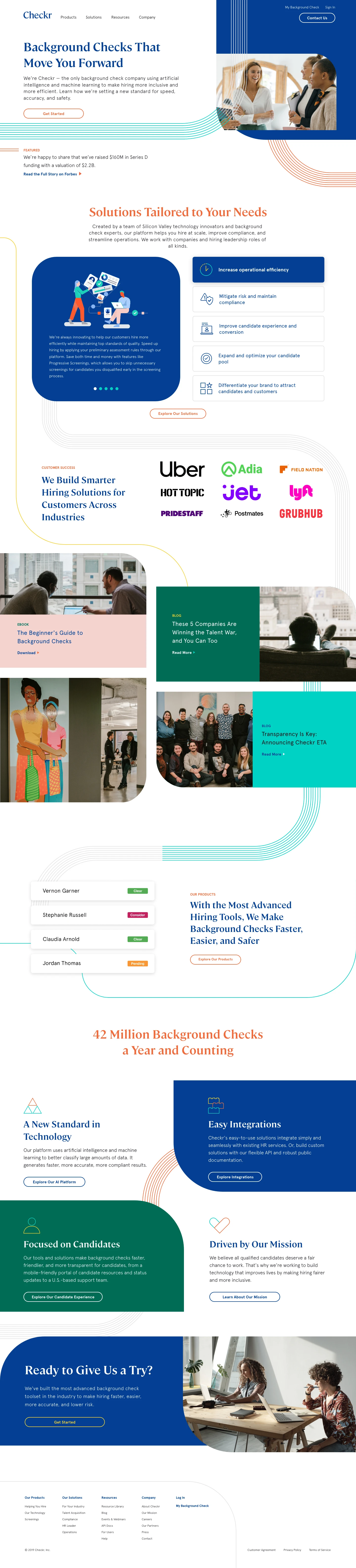 Checkr Landing Page Example: We're Checkr — the only background check company using artificial intelligence and machine learning to make hiring more inclusive and more efficient.
