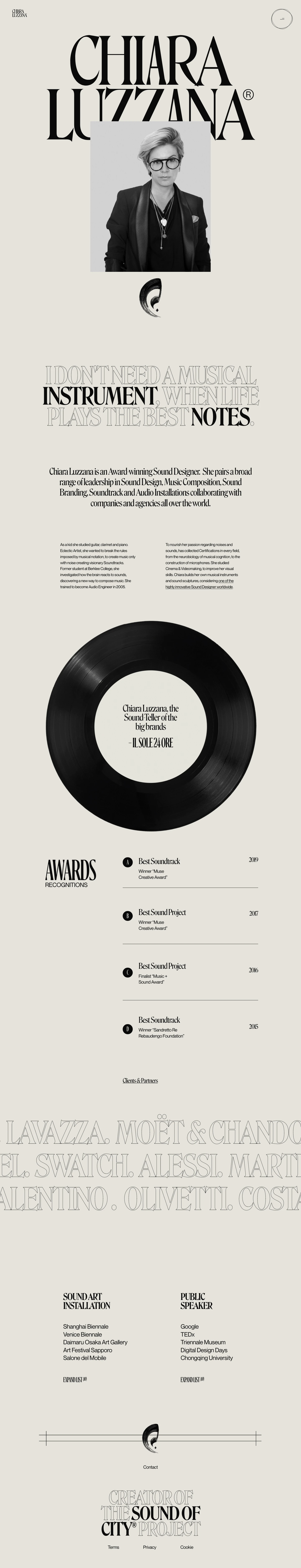 Chiara Luzzana Landing Page Example: Chiara Luzzana is an award-winning Sound Designer focused on Sound Design, Music Composition, Sound Branding, Soundtrack and Audio Installations collaborating with companies and agencies all over the world.