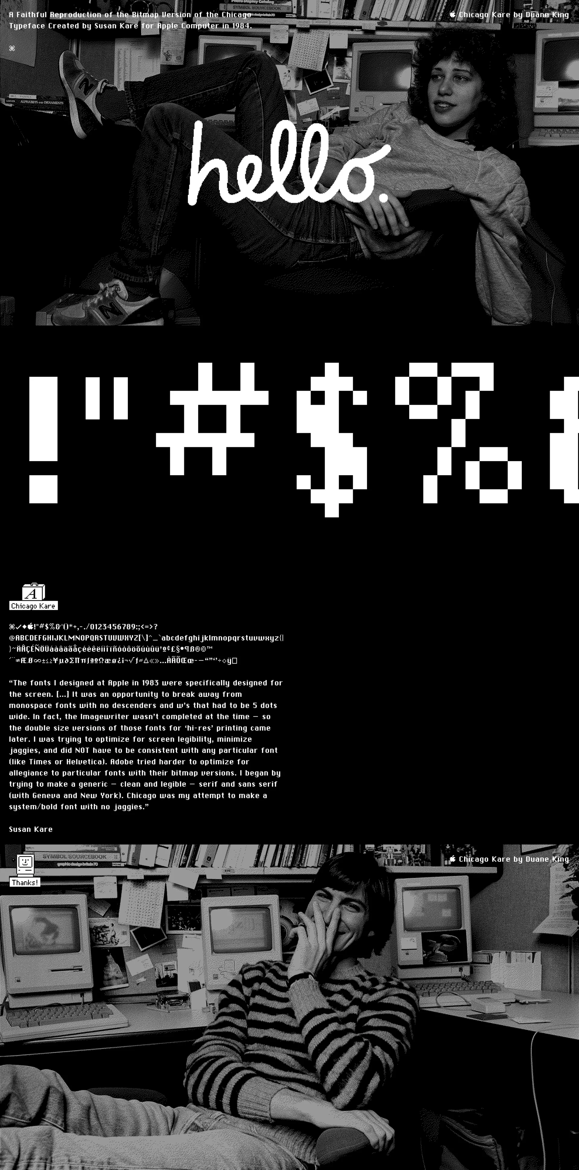 Chicago Kare Landing Page Example: A faithful reproduction of the bitmap version of the Chicago typeface created by Susan Kare for Apple Computer in 1984