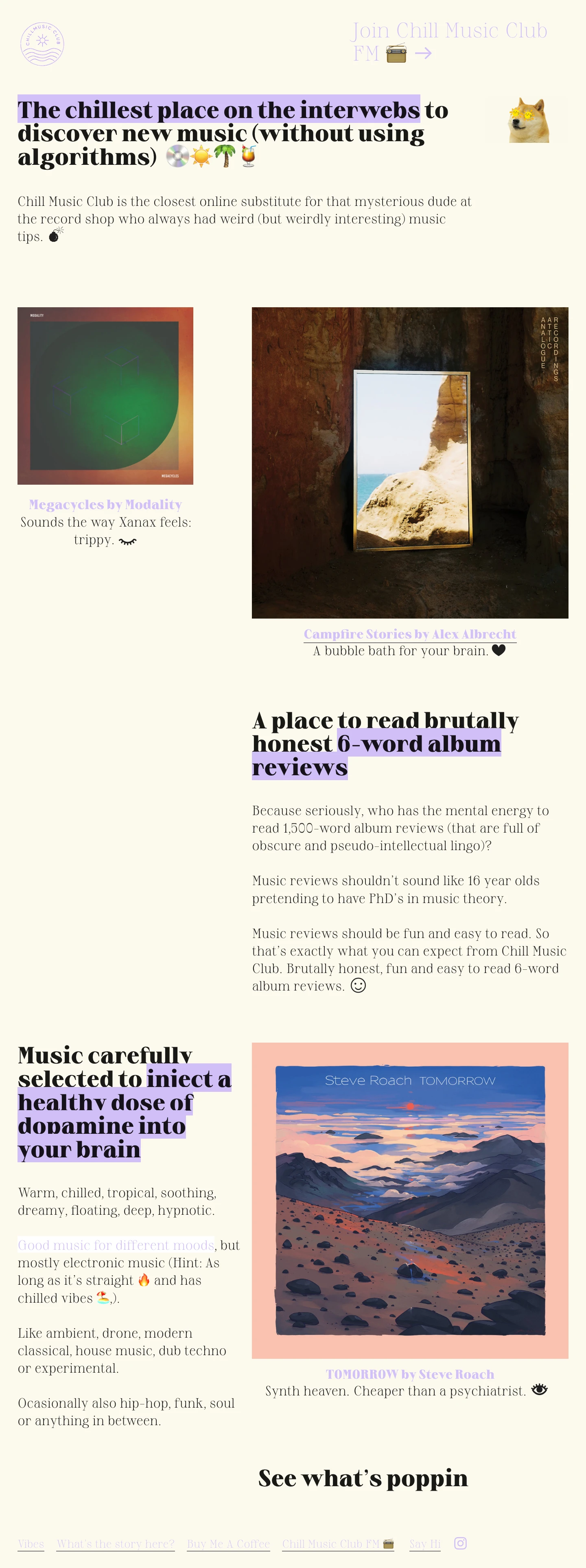 Chill Music Club Landing Page Example: Chill Music Club is the closest online substitute for that mysterious dude at the record shop who always had weird (but weirdly interesting) music tips.