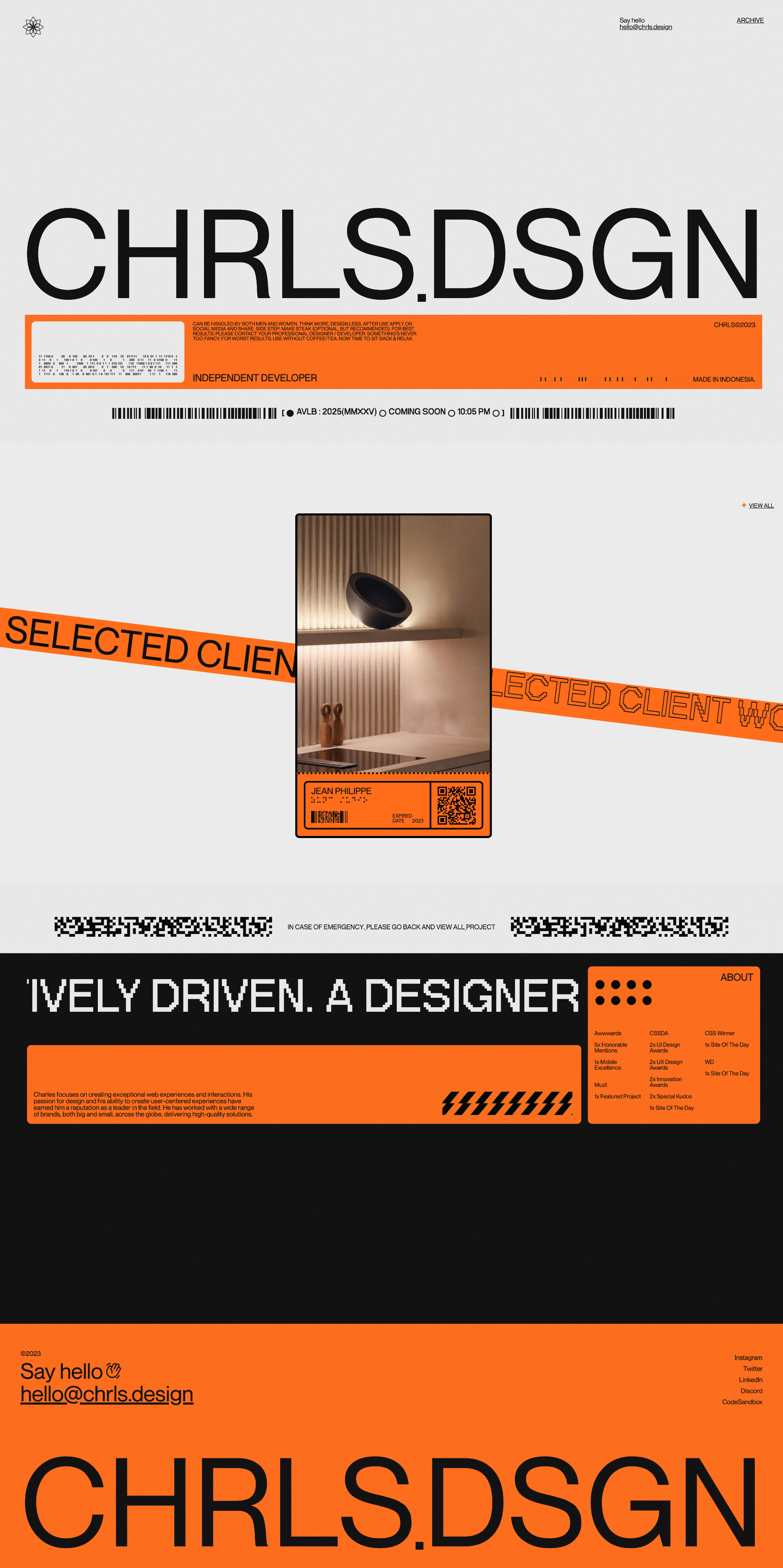CHRLS.DSGN Landing Page Example: Charles focuses on creating exceptional web experiences and interactions. His passion for design and his ability to create user-centered experiences have earned him a reputation as a leader in the field. He has worked with a wide range of brands, both big and small, across the globe, delivering high-quality solutions.