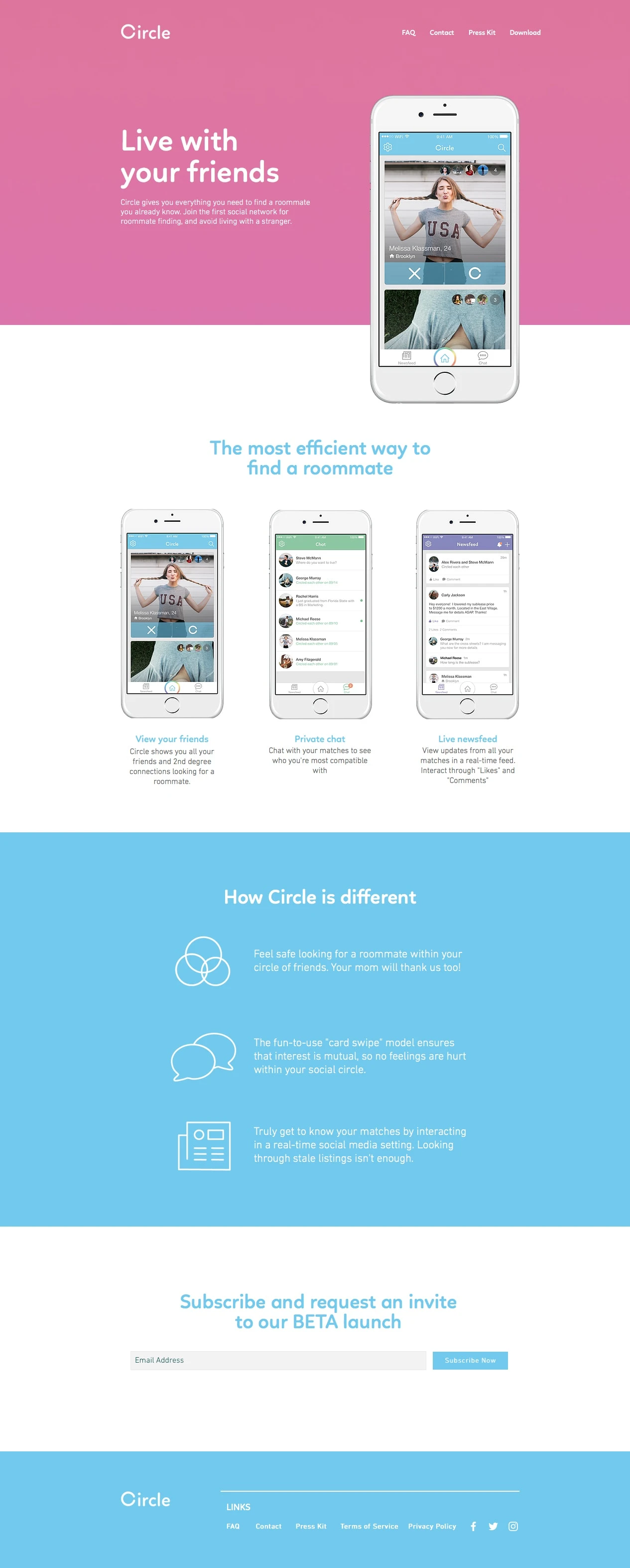 Circle Landing Page Example: Circle gives you everything you need to find a roommate you already know. Join the first social network for roommate finding, and avoid living with a stranger.